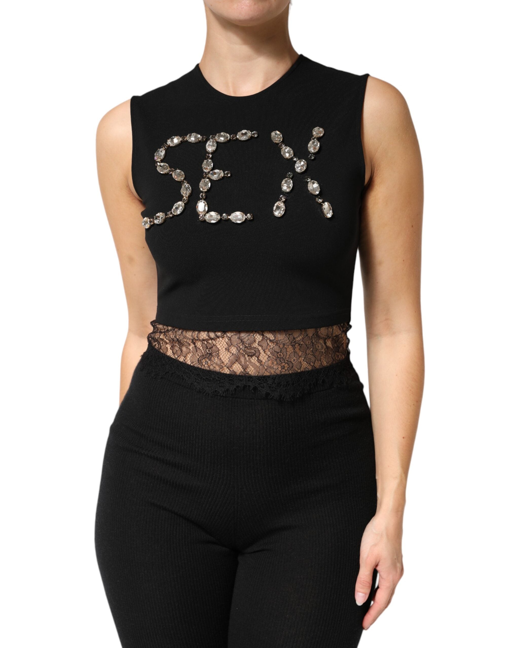 Dolce & Gabbana Schwarzes Jersey-Top mit Spitzenrüschen und Strass