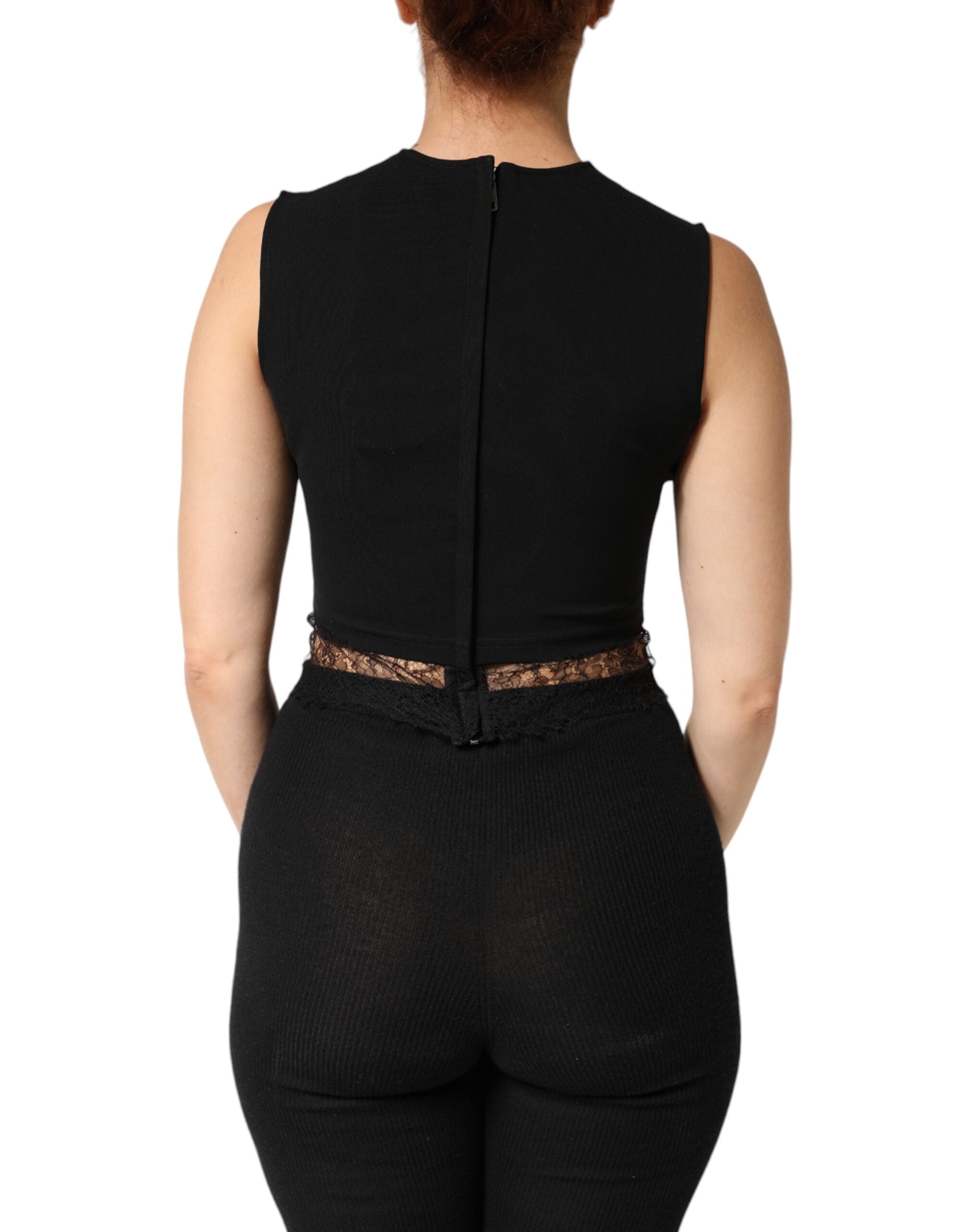 Dolce & Gabbana Schwarzes Jersey-Top mit Spitzenrüschen und Strass