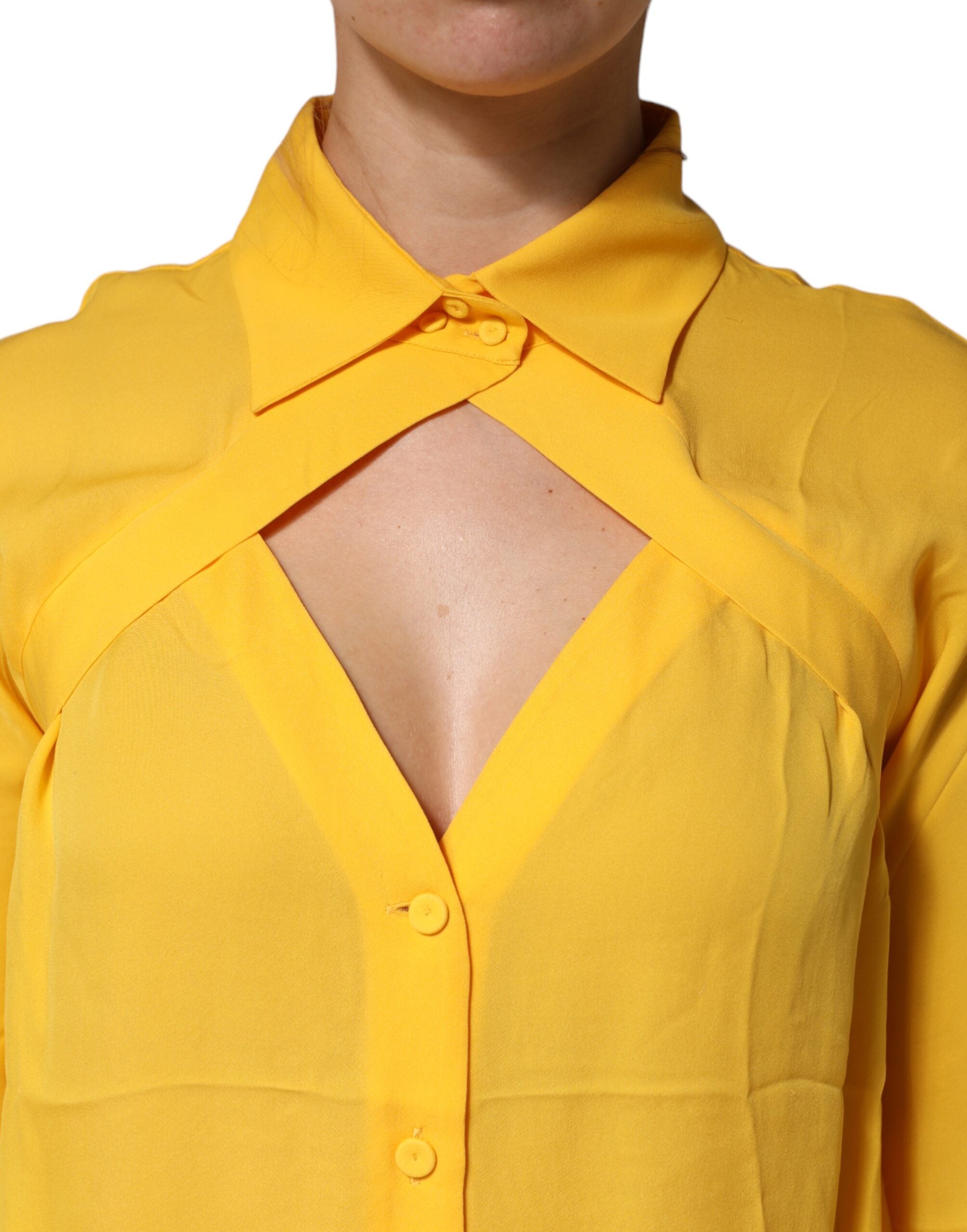 Moschino Couture Gelbes Seidenoberteil mit Kragen und langen Ärmeln