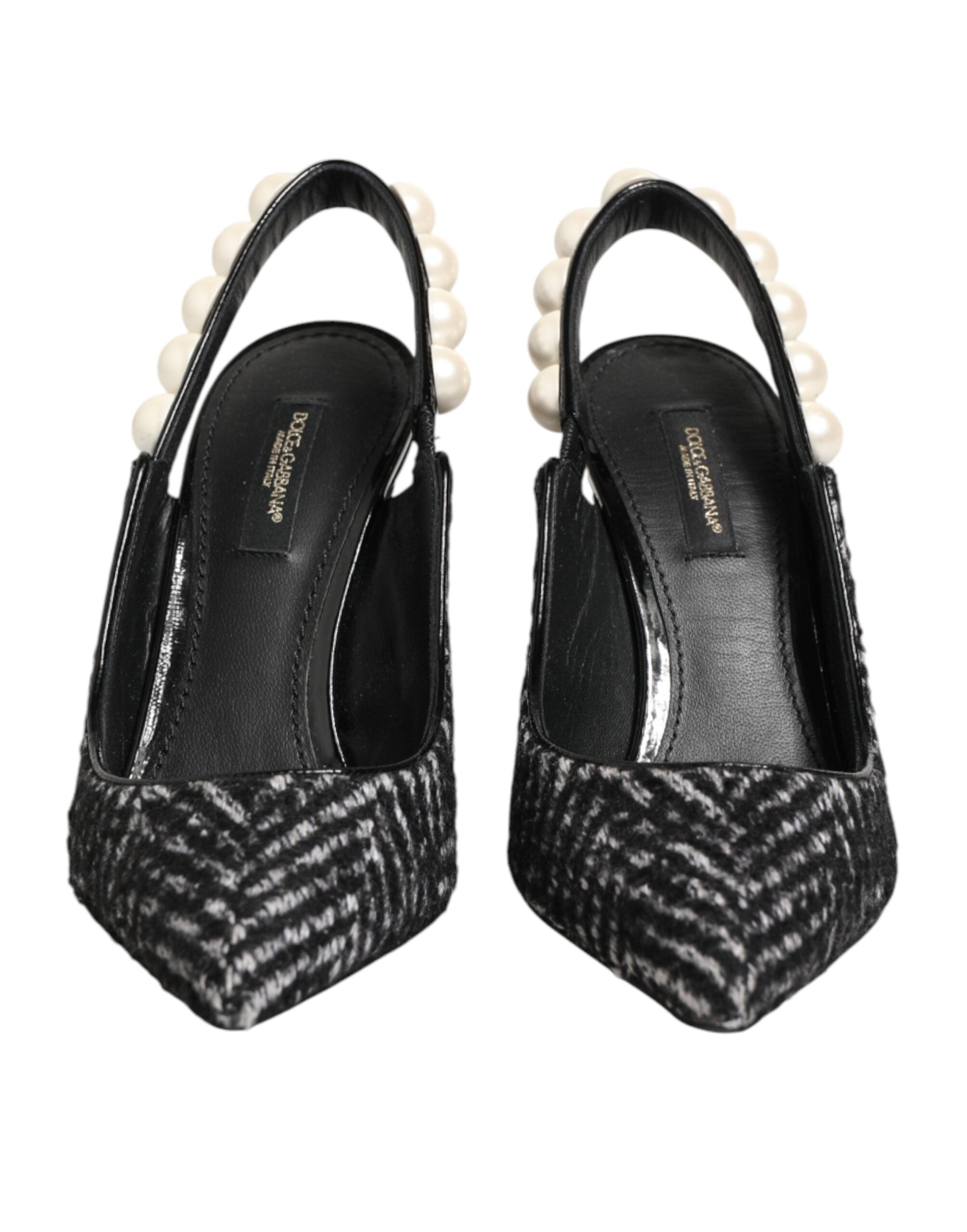 Dolce & Gabbana Weiße Slingback-Schuhe mit Schwarz-Weiß-Chevron-Muster und Kunstperlen