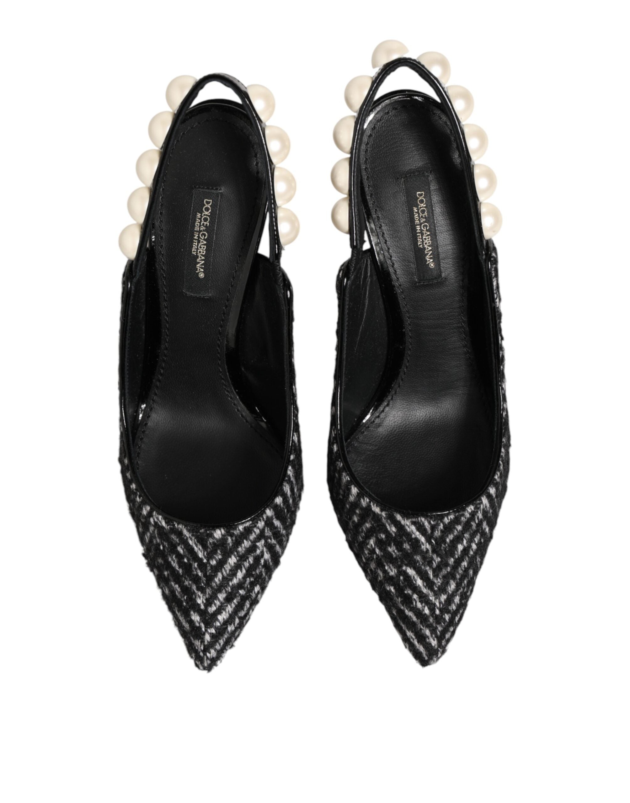 Dolce & Gabbana Weiße Slingback-Schuhe mit Schwarz-Weiß-Chevron-Muster und Kunstperlen