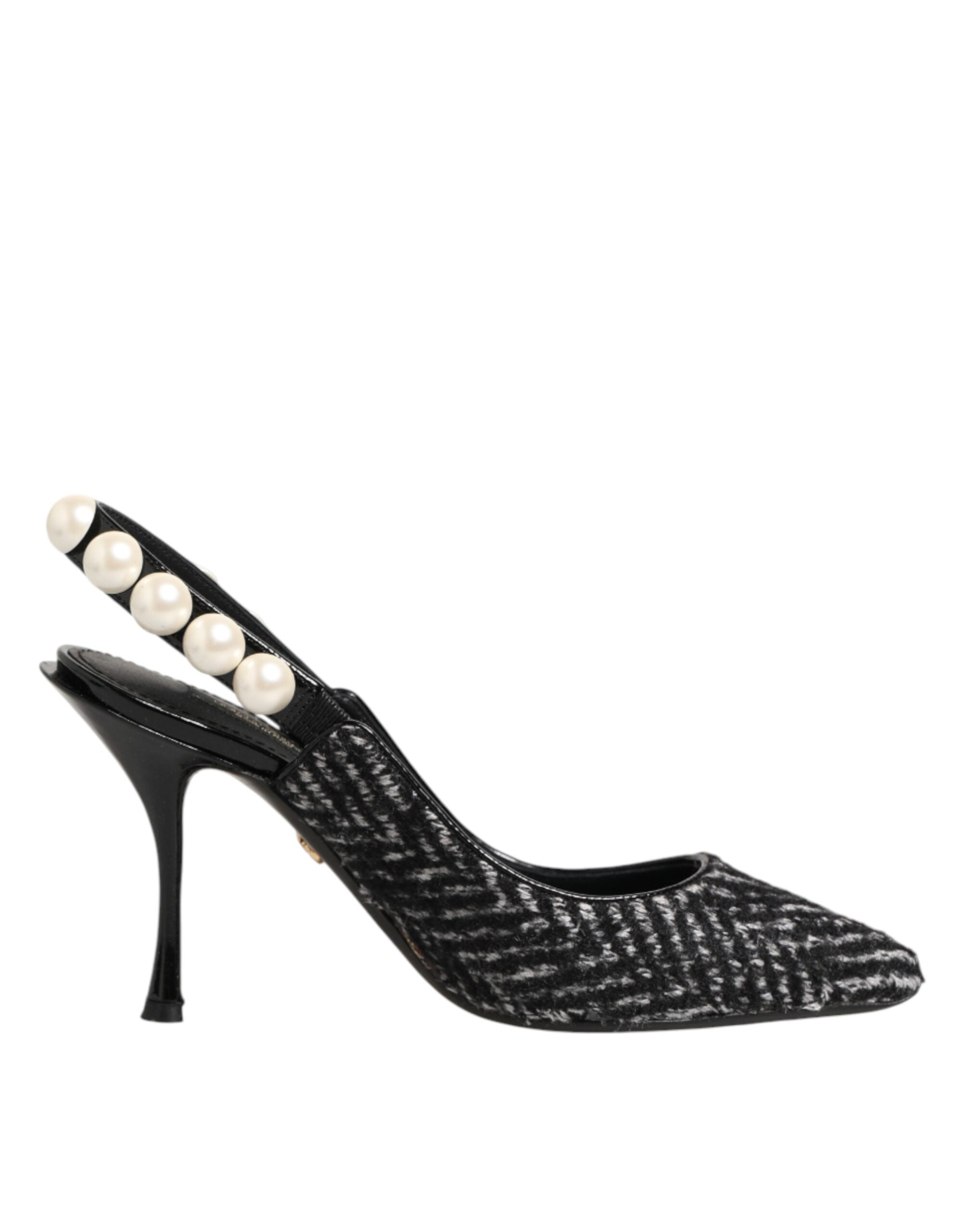Dolce & Gabbana Weiße Slingback-Schuhe mit Schwarz-Weiß-Chevron-Muster und Kunstperlen