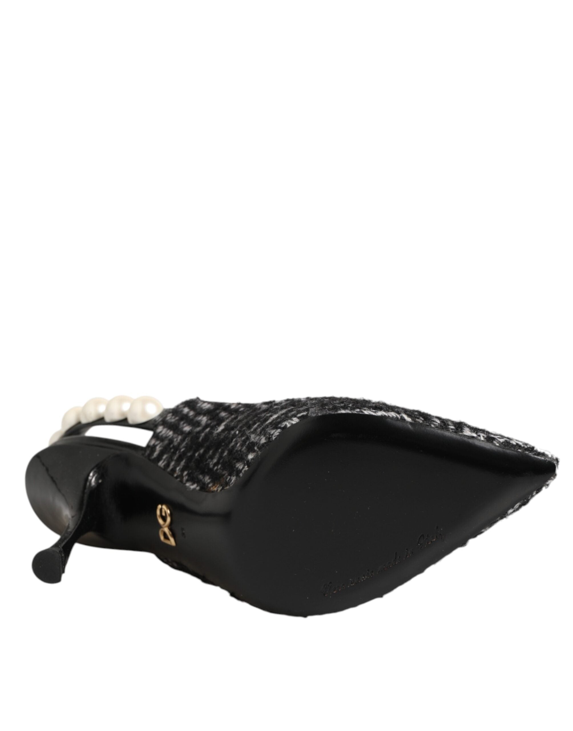Dolce & Gabbana Weiße Slingback-Schuhe mit Schwarz-Weiß-Chevron-Muster und Kunstperlen