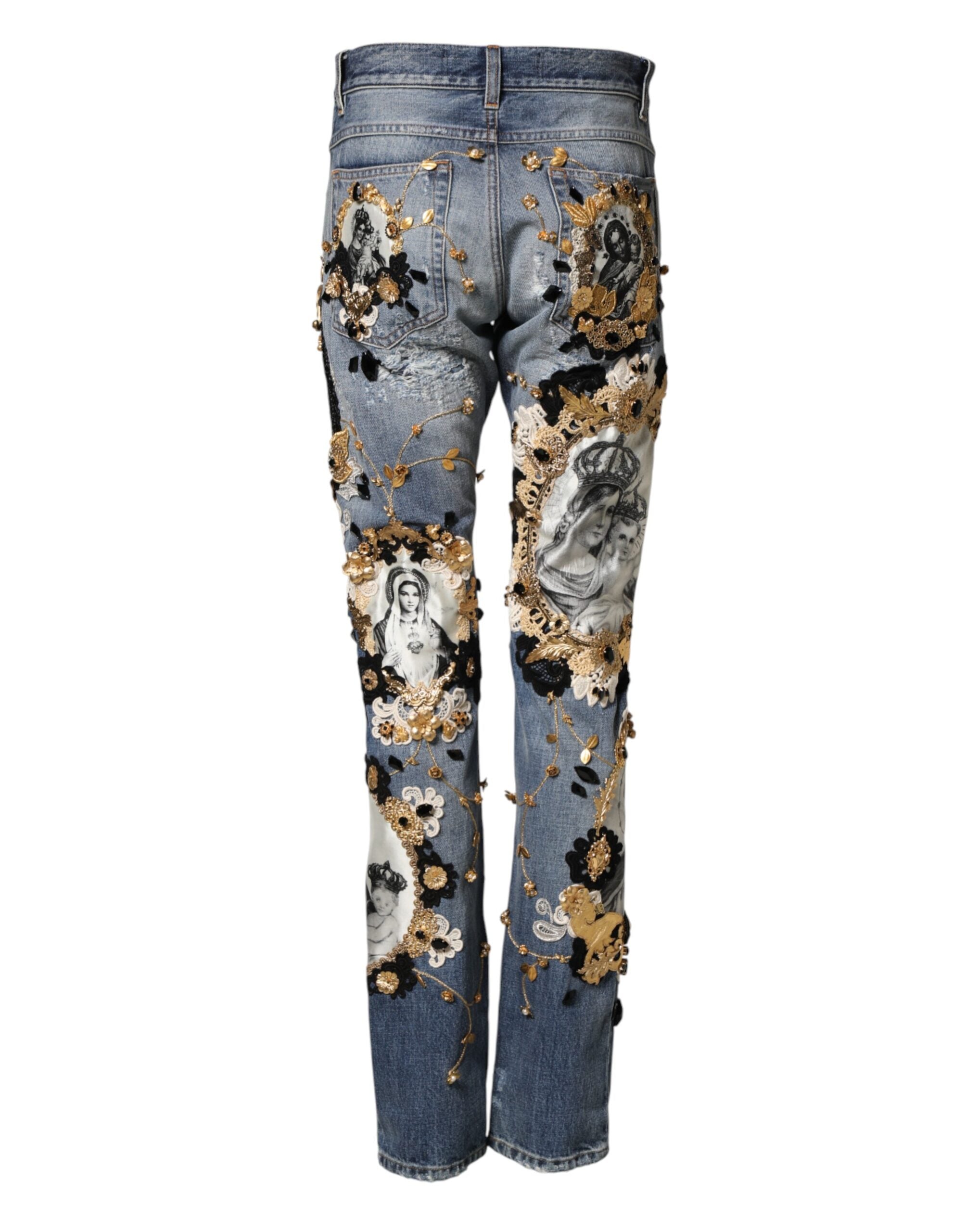 Dolce & Gabbana Blaue, verzierte Jeans aus Baumwoll-Denim mit Rissen