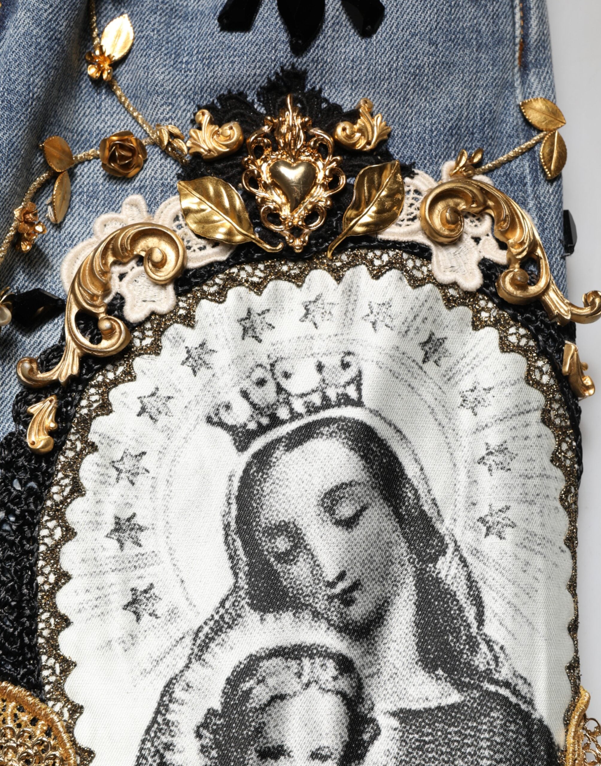 Dolce & Gabbana Blaue, verzierte Jeans aus Baumwoll-Denim mit Rissen