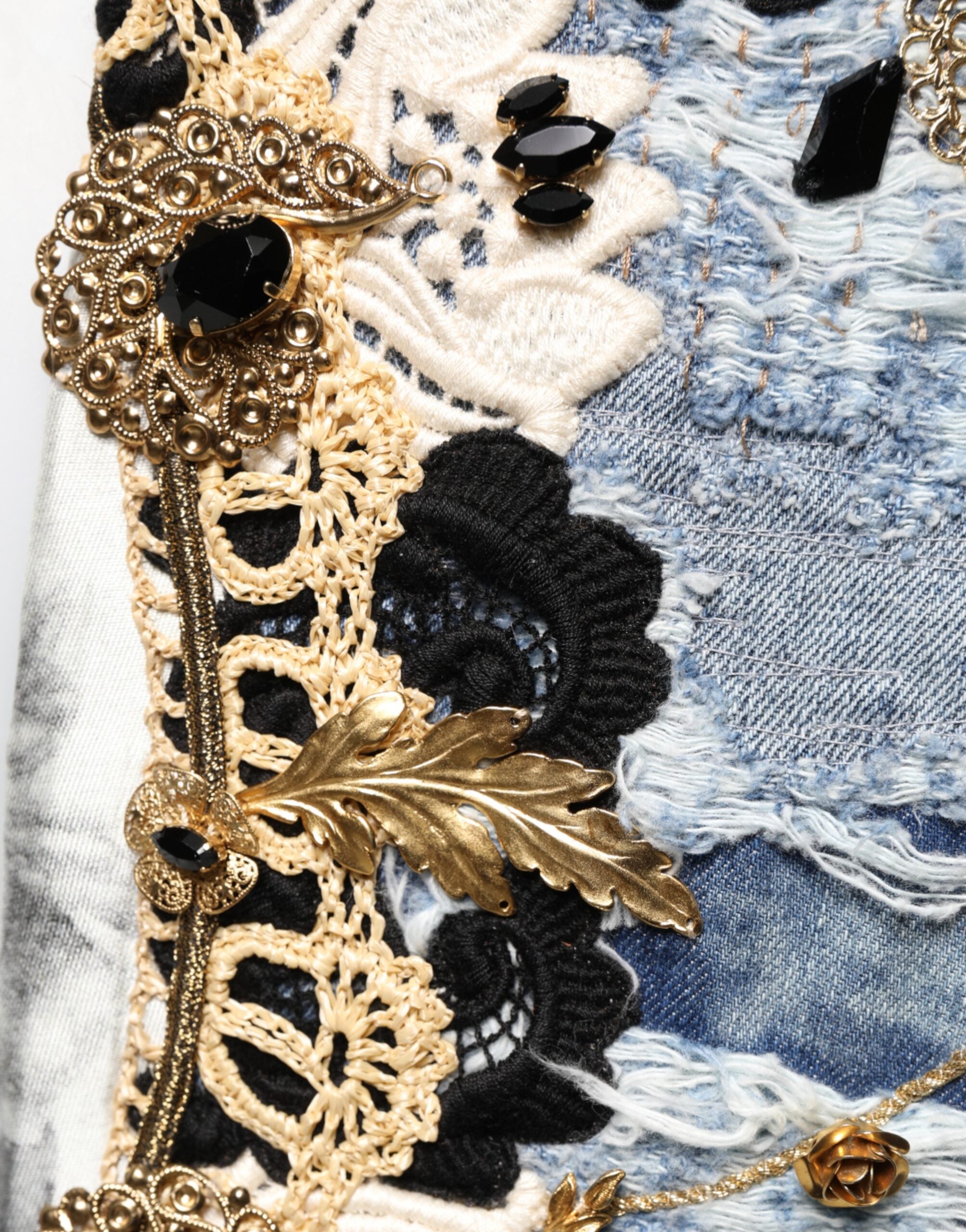 Dolce & Gabbana Blaue, verzierte Jeans aus Baumwoll-Denim mit Rissen