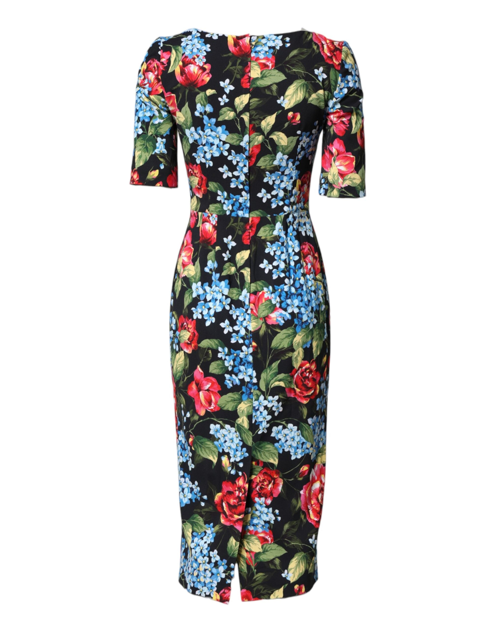 Dolce & Gabbana Schwarzes Midi-Etui-Kleid mit floralem Viskose-Print