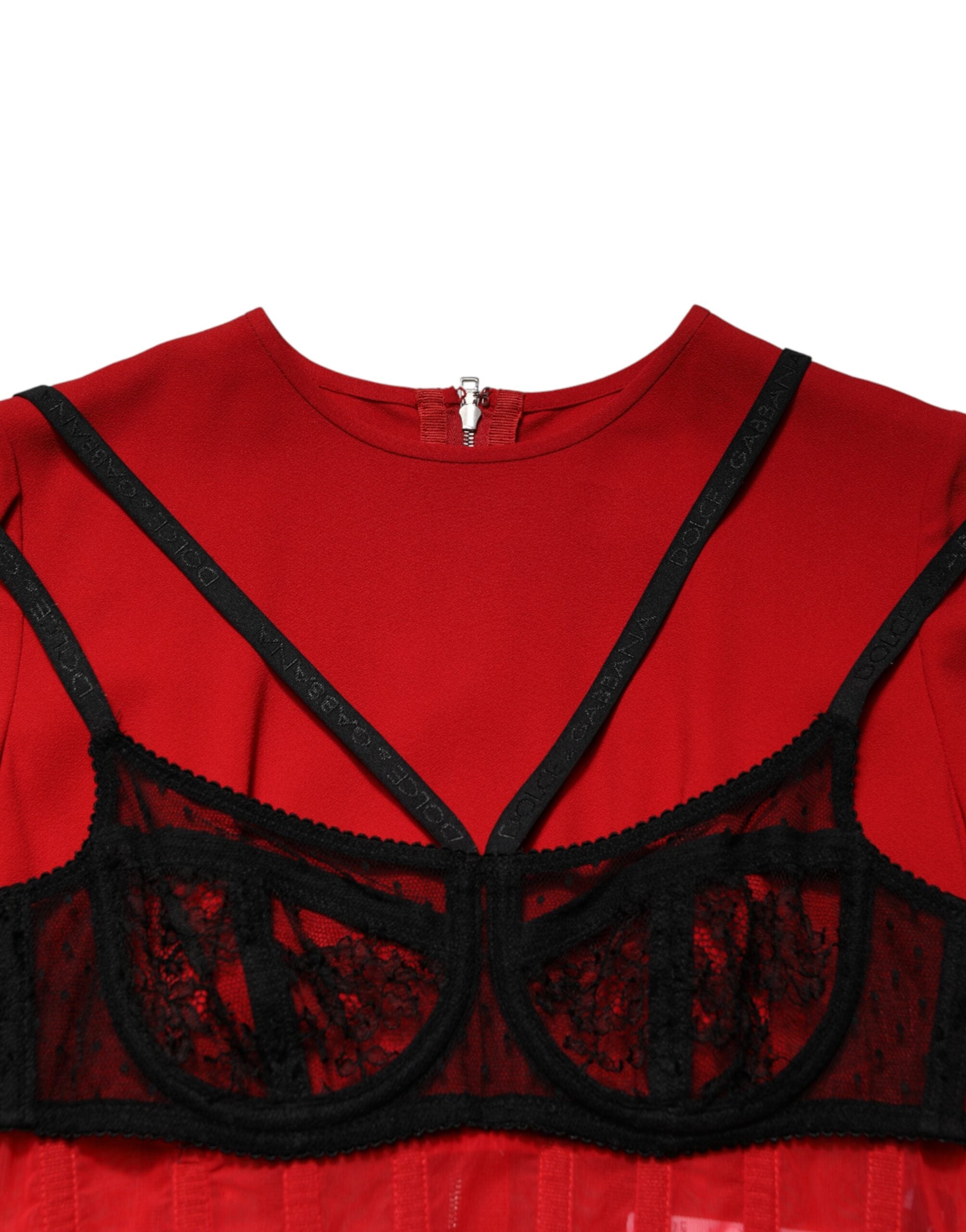 Dolce & Gabbana Schwarzes Midi-Kleid mit kontrastierendem rotem BH aus Cady