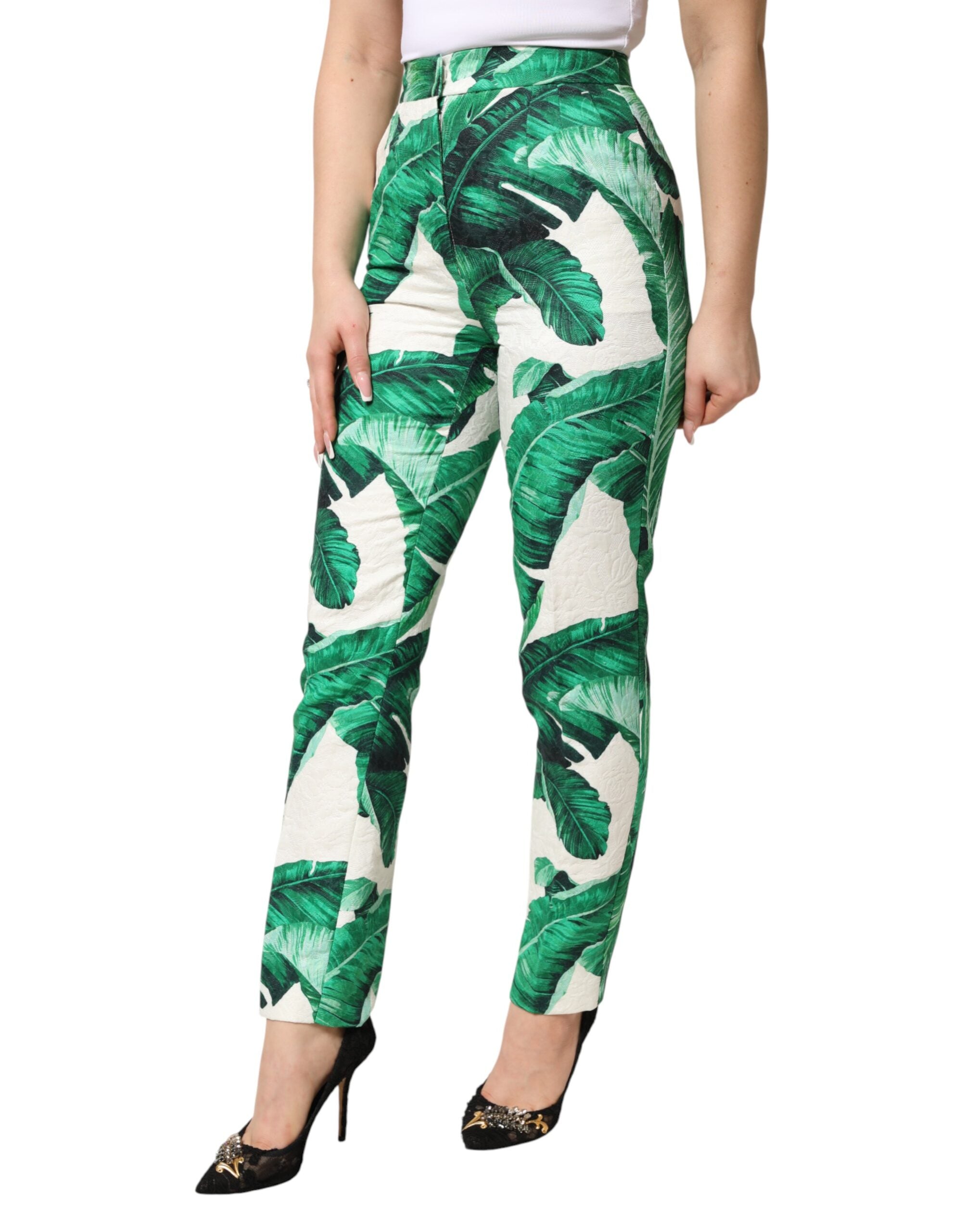 Dolce & Gabbana Weiße Hose mit hohem Bund und grünem Blattmuster