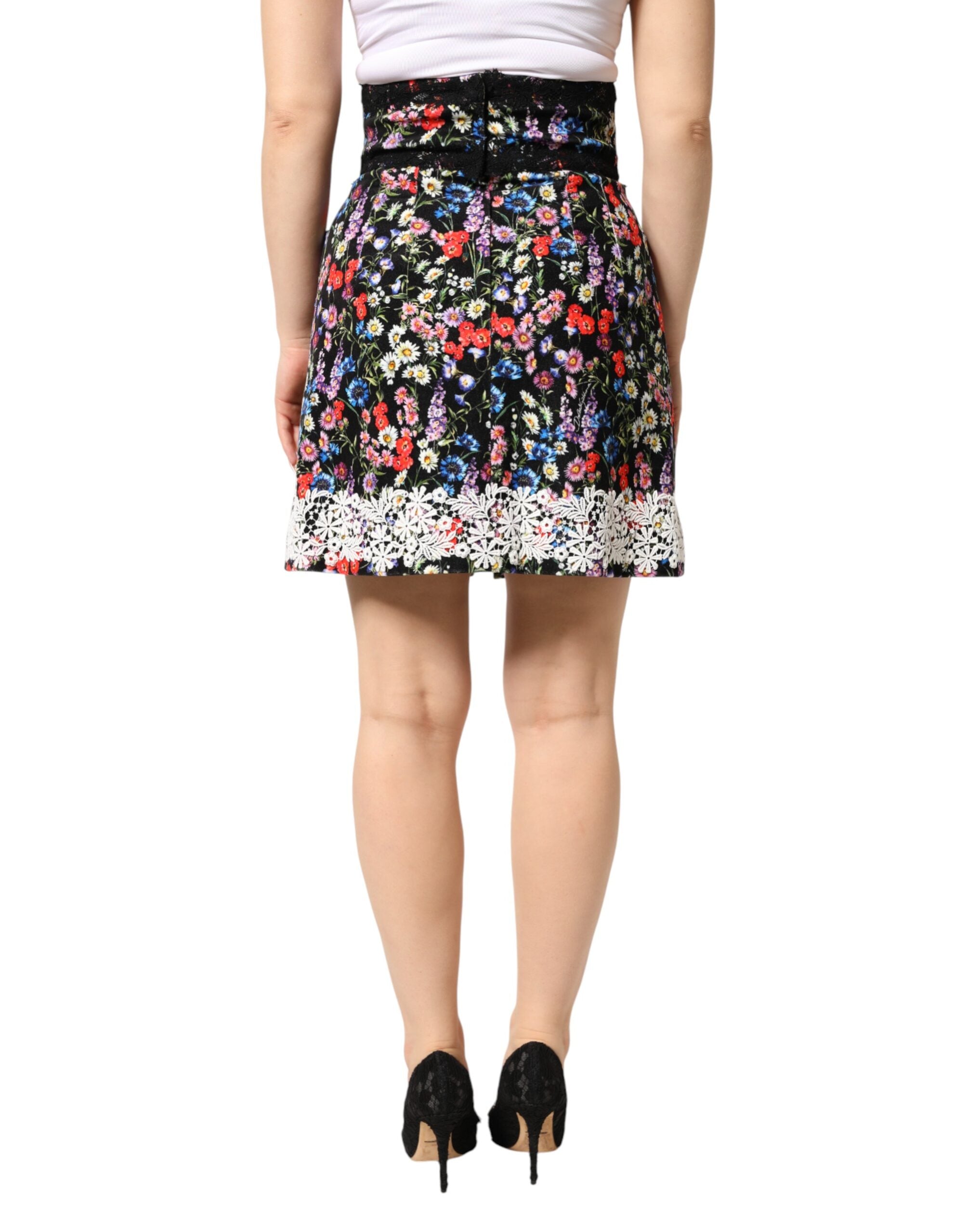Dolce & Gabbana Schwarzer Minirock aus Baumwolle mit floraler Spitze