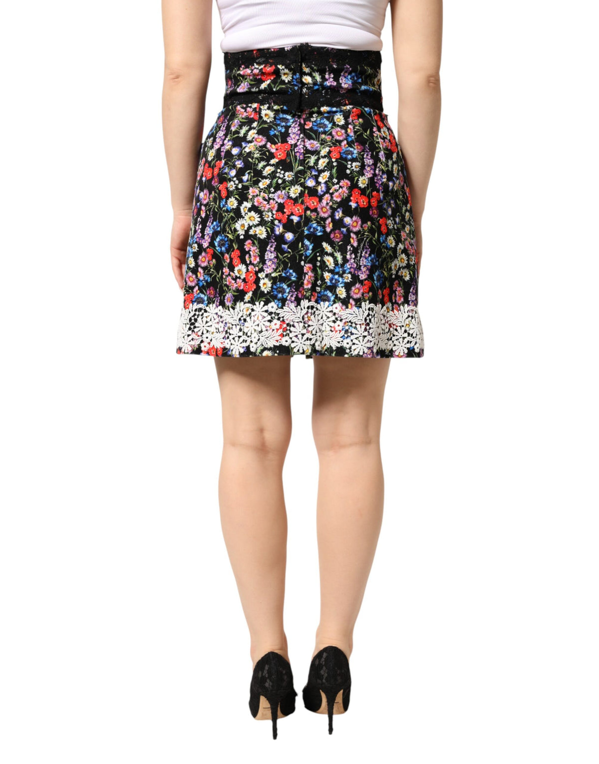 Dolce & Gabbana Schwarzer Minirock aus Baumwolle mit floraler Spitze