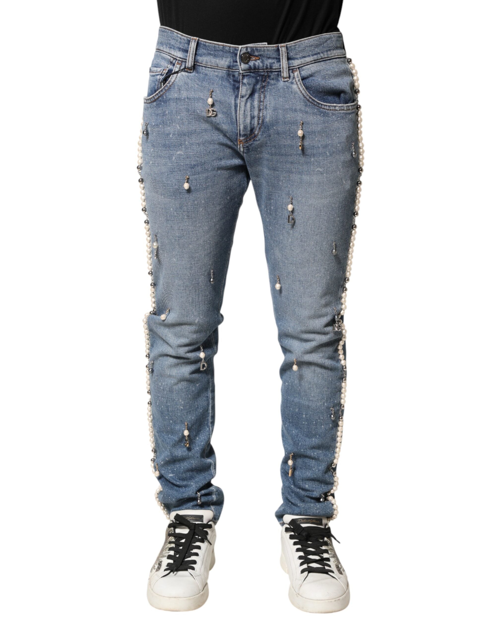 Dolce & Gabbana Blaue Skinny-Jeans aus Baumwolle mit Verzierungen