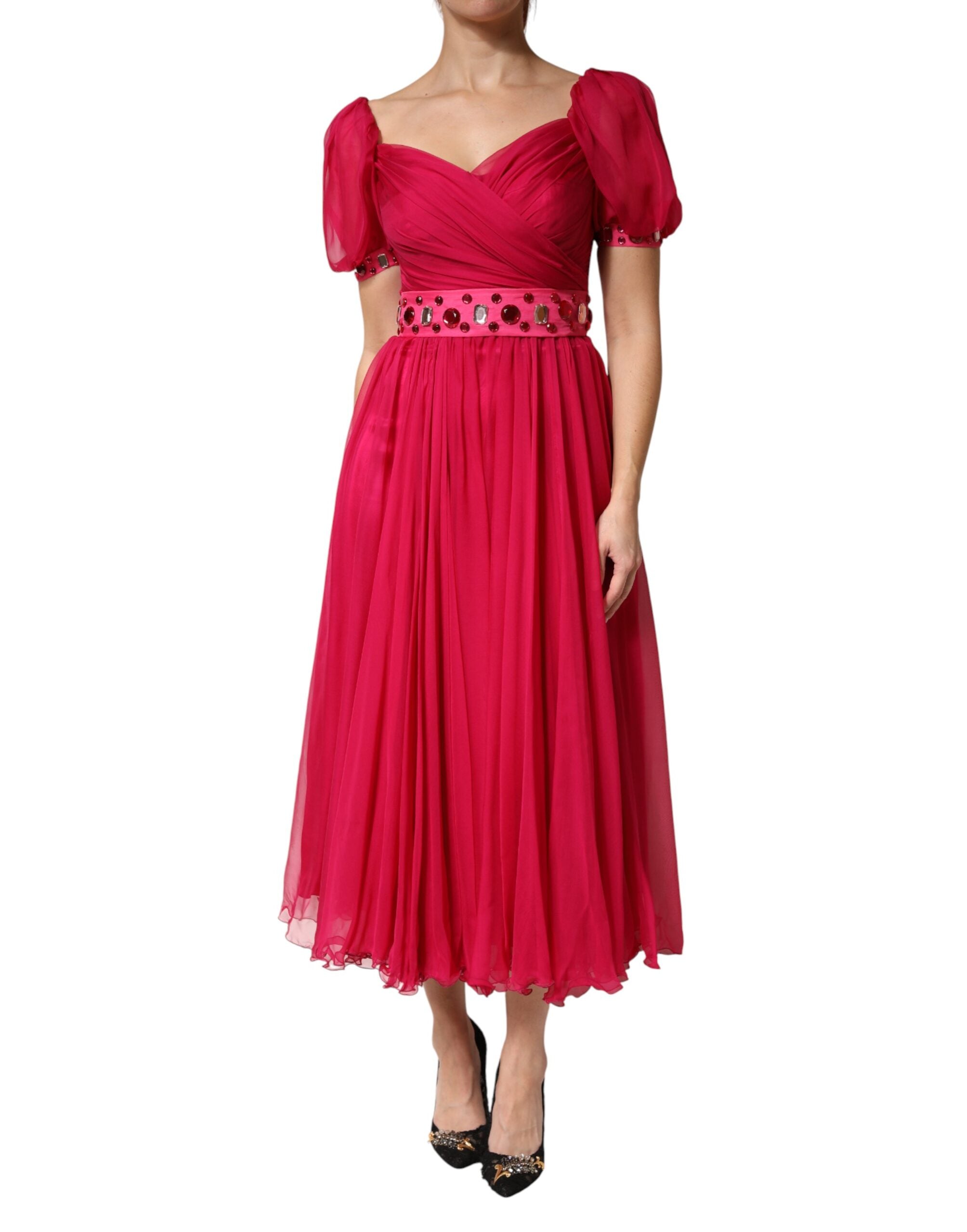 Dolce & Gabbana Rosa Seiden-Midi-Kleid in A-Linie mit Verzierungen