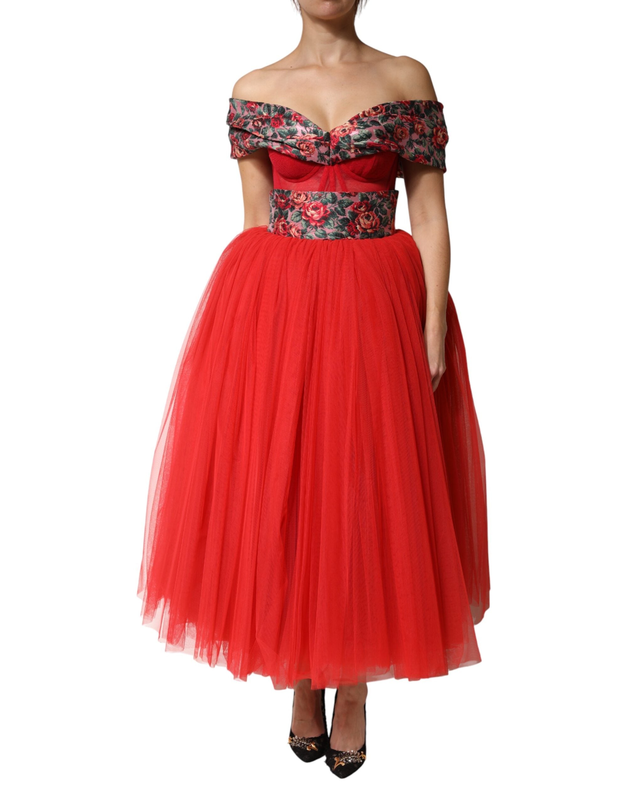 Dolce & Gabbana Rotes Blumen-Abendkleid mit Carmen-Ausschnitt und A-Linie