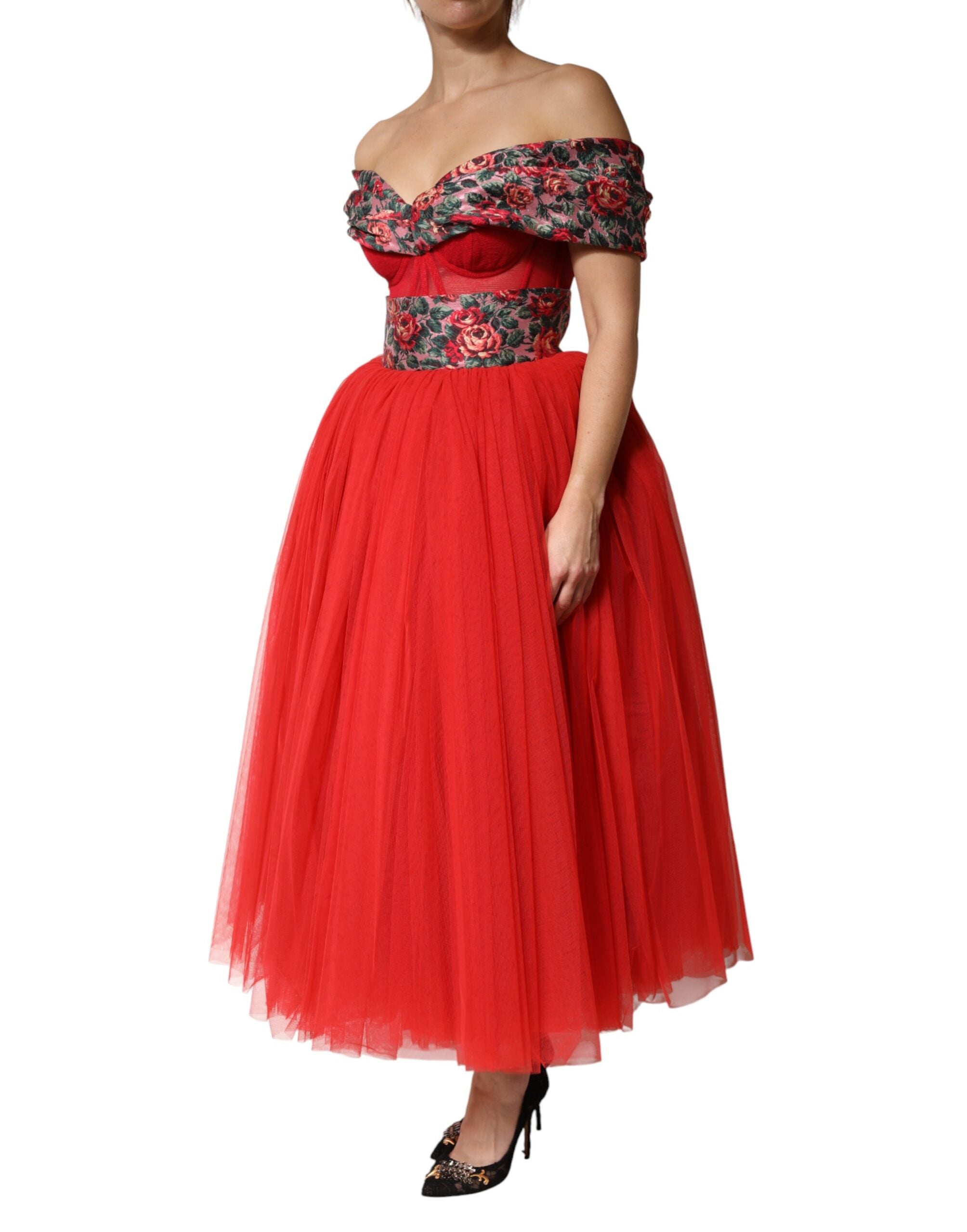 Dolce & Gabbana Rotes Blumen-Abendkleid mit Carmen-Ausschnitt und A-Linie