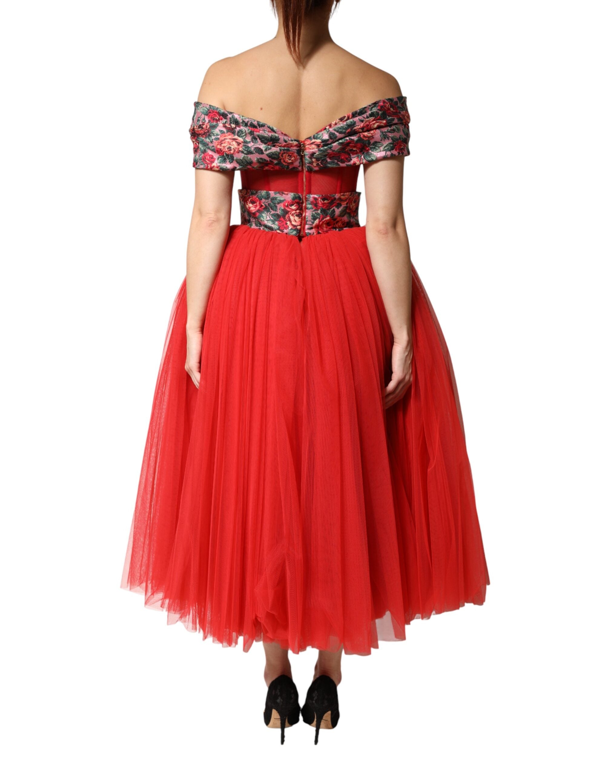 Dolce & Gabbana Rotes Blumen-Abendkleid mit Carmen-Ausschnitt und A-Linie