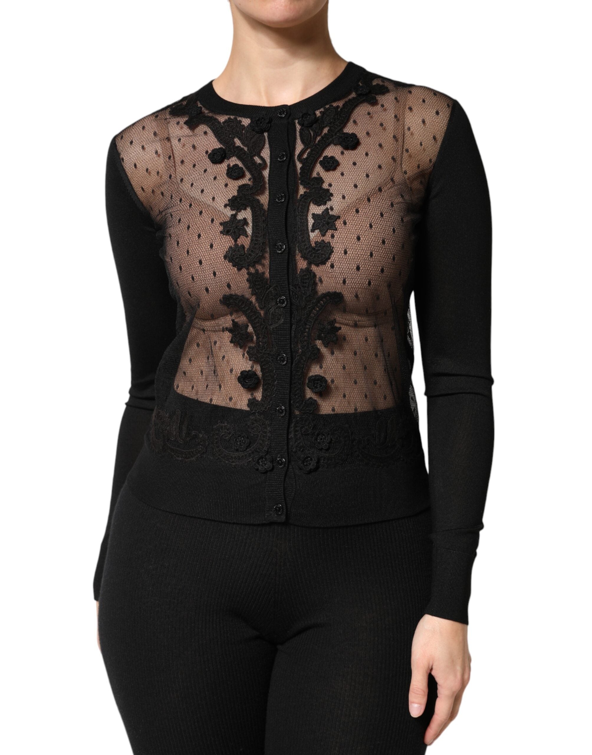 Dolce & Gabbana Schwarzer transparenter Cardigan-Pullover mit Knopfleiste