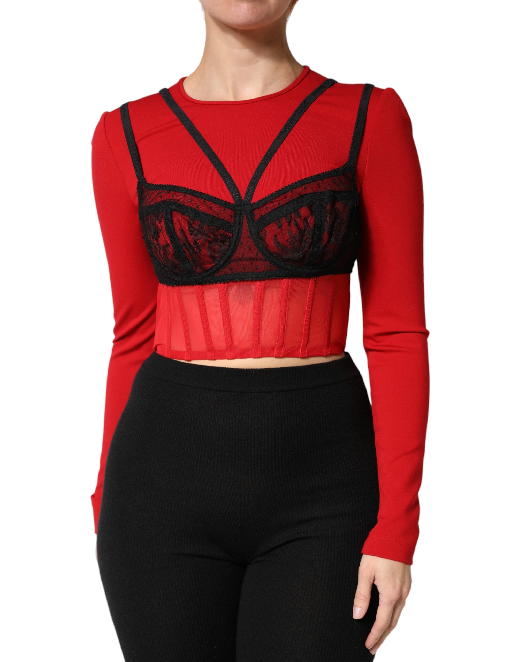 Dolce & Gabbana Rotes schwarzes Bralette-Crop-Top aus Nylon