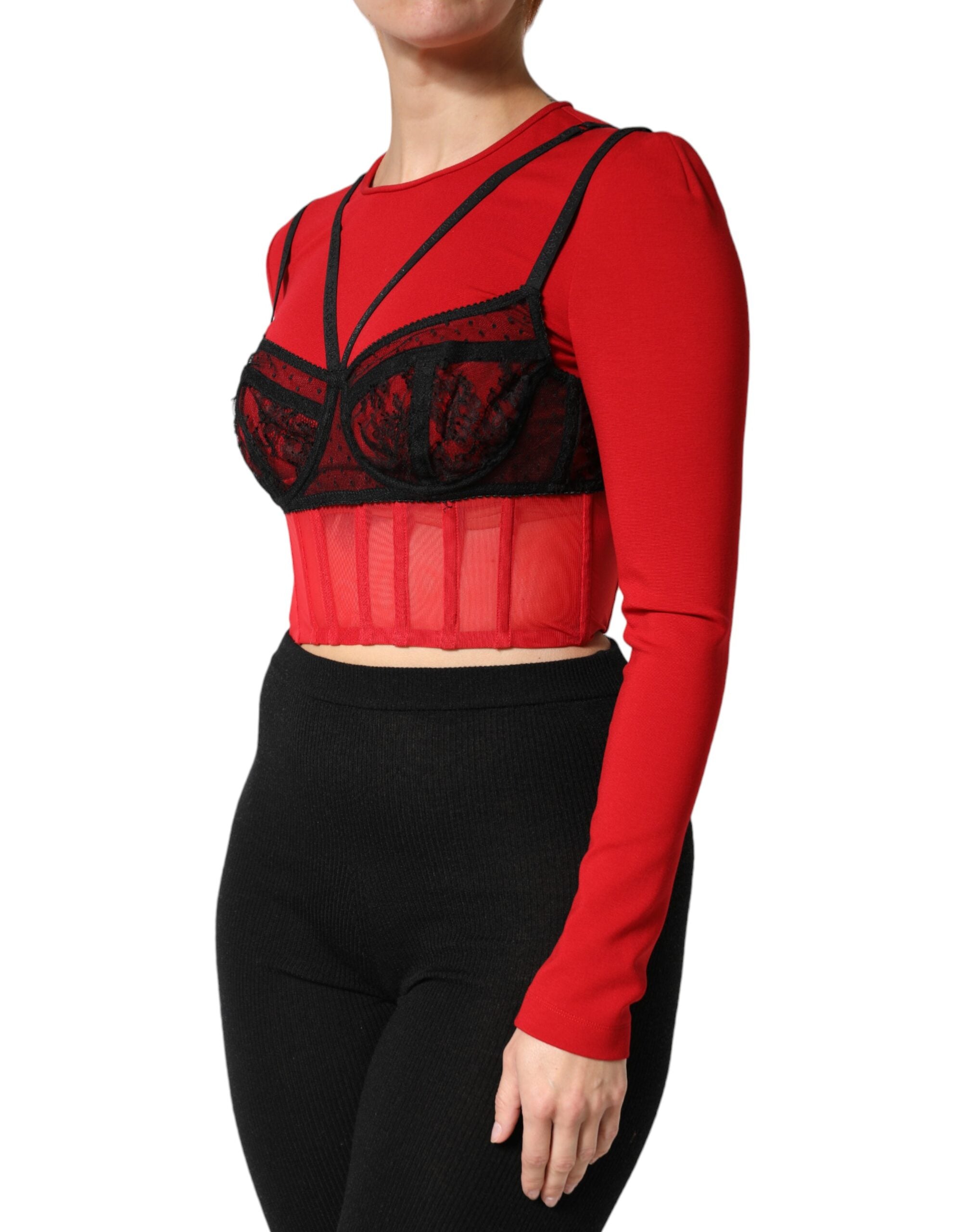 Dolce & Gabbana Rotes schwarzes Bralette-Crop-Top aus Nylon
