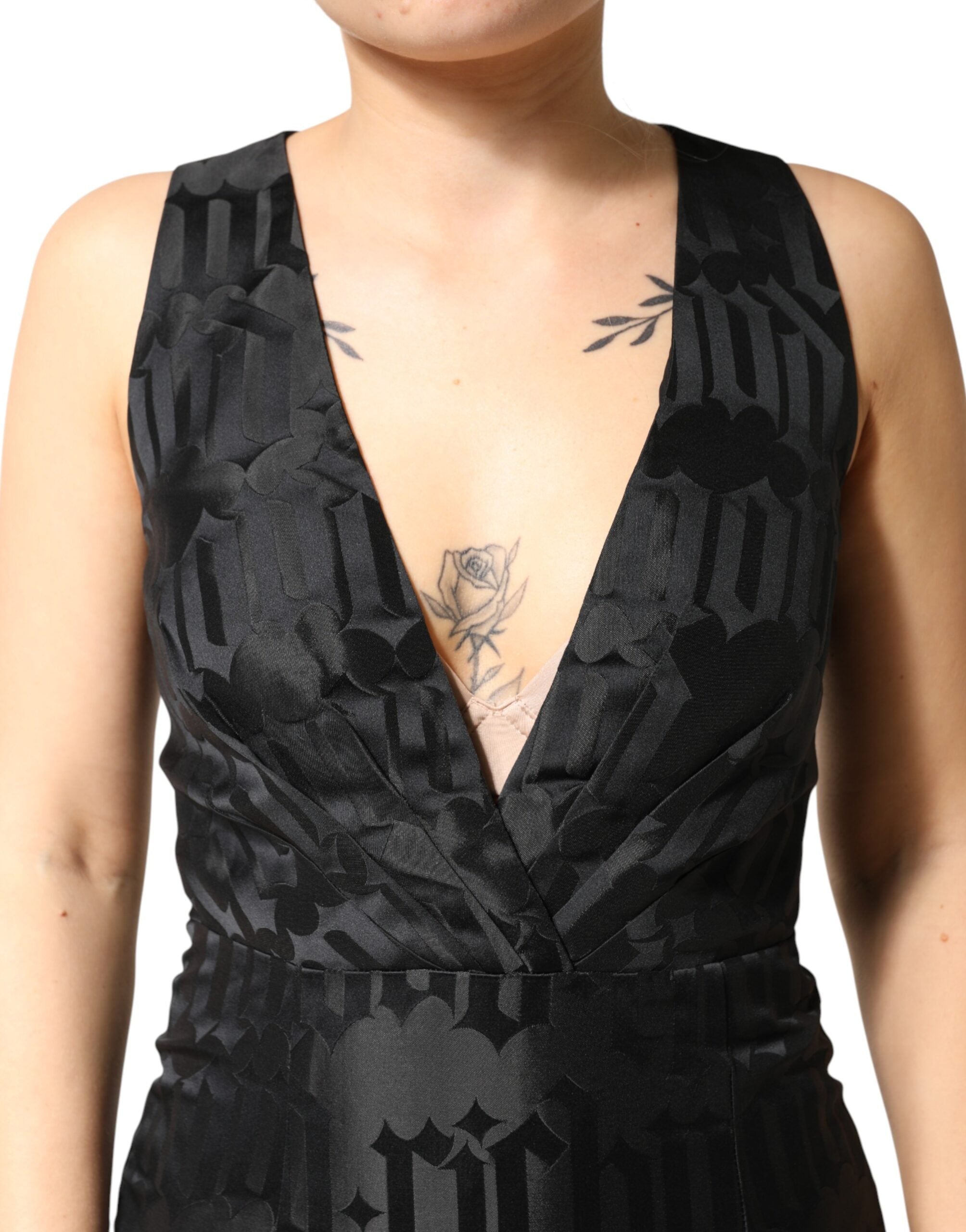John Richmond Schwarzes Jacquard-Kleid mit tiefem V-Ausschnitt und Spaghettiträgern, zweiteilig