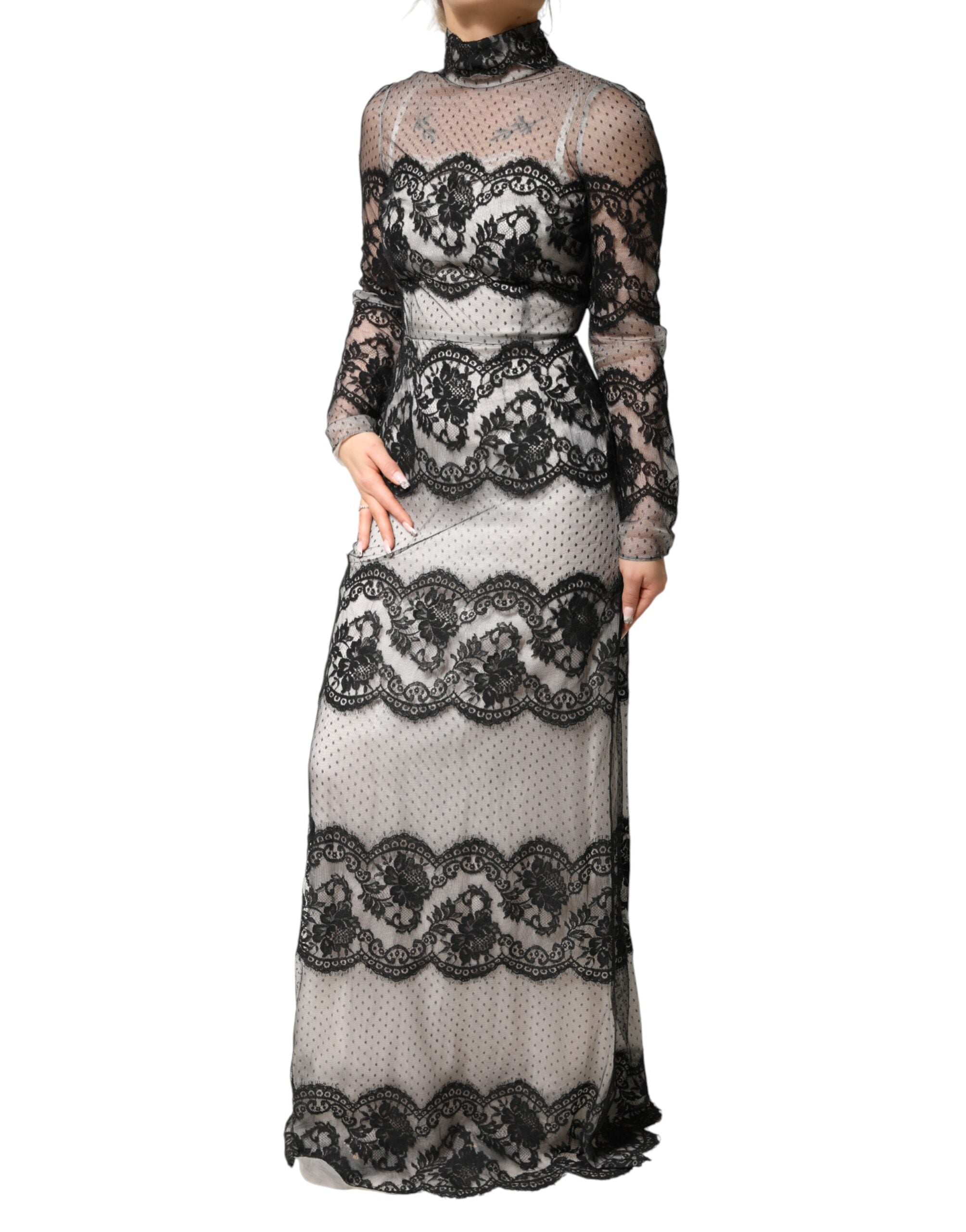 Dolce & Gabbana Schwarzes Maxikleid aus Seidenmischung mit Spitze in Schwarz und Weiß
