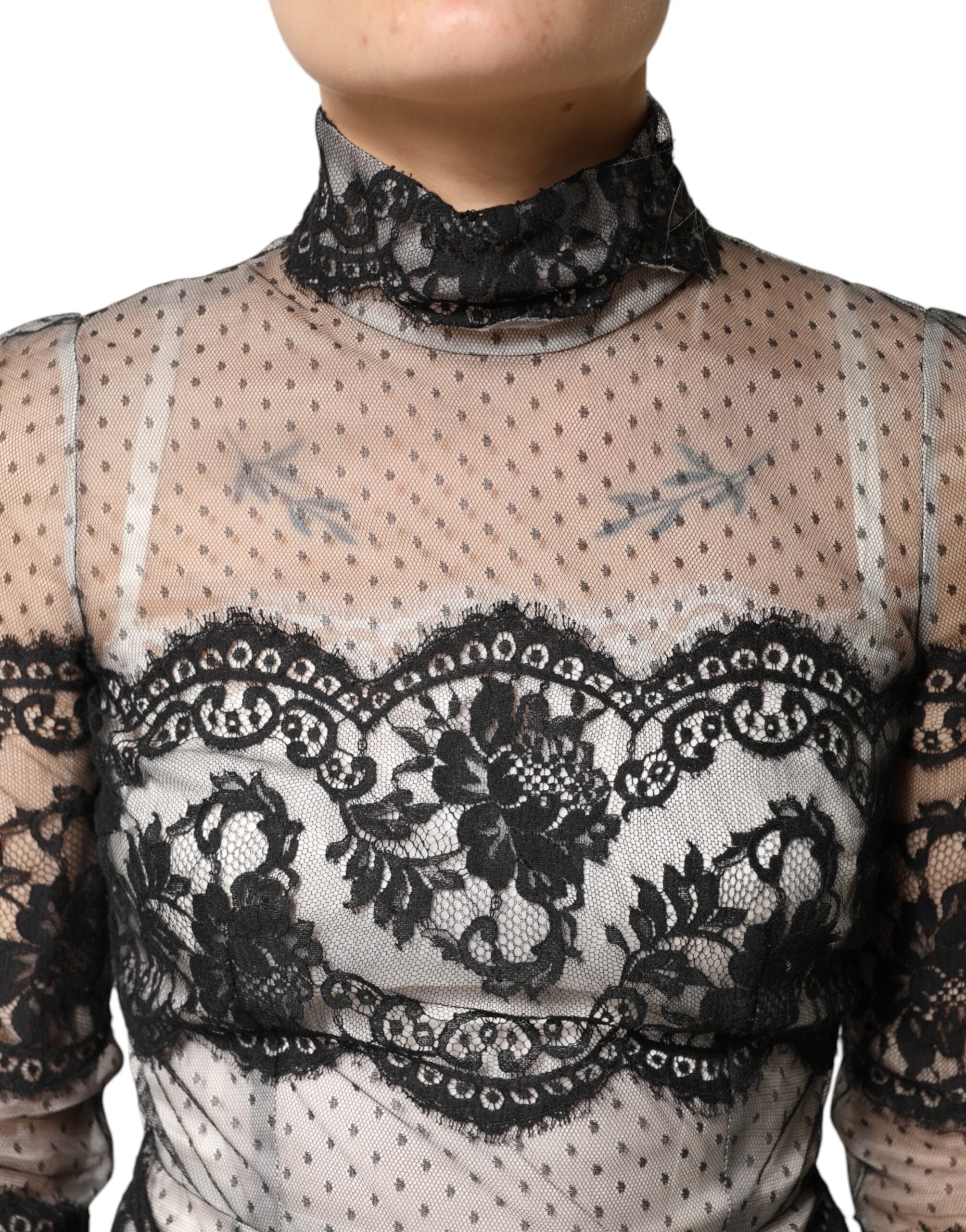 Dolce & Gabbana Schwarzes Maxikleid aus Seidenmischung mit Spitze in Schwarz und Weiß
