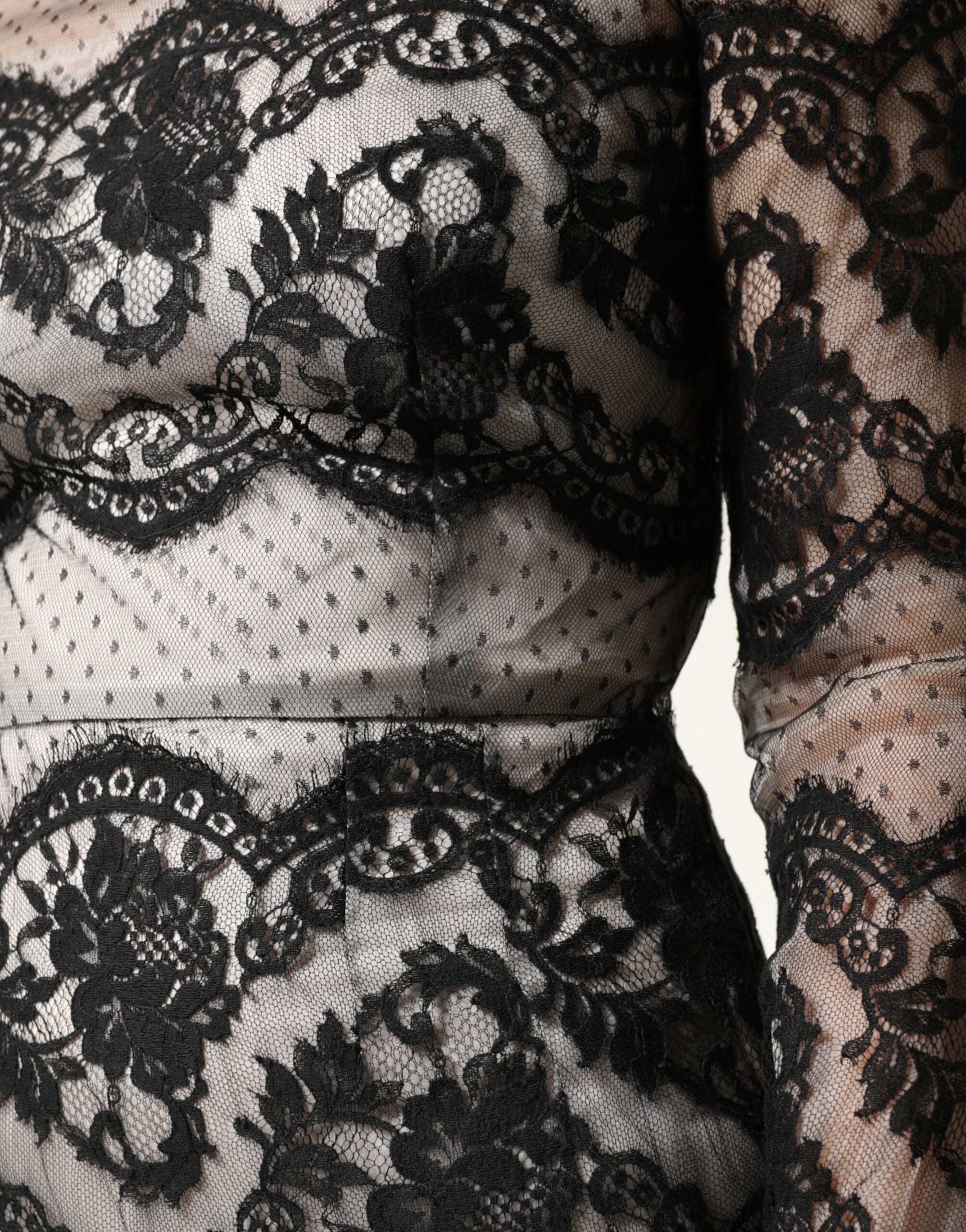 Dolce & Gabbana Schwarzes Maxikleid aus Seidenmischung mit Spitze in Schwarz und Weiß