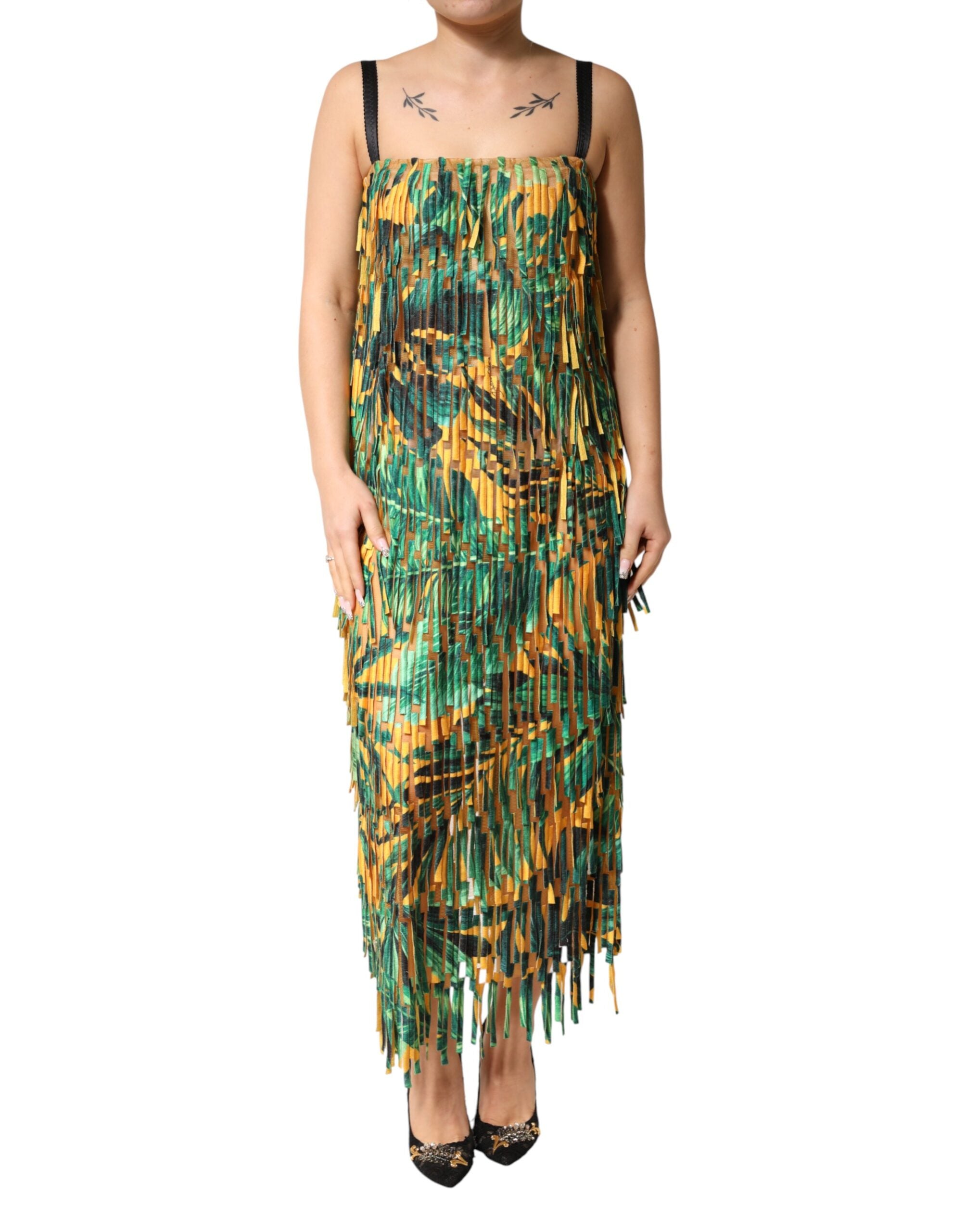Dolce & Gabbana Maxikleid mit tropischem Print und Fransen in Multicolor