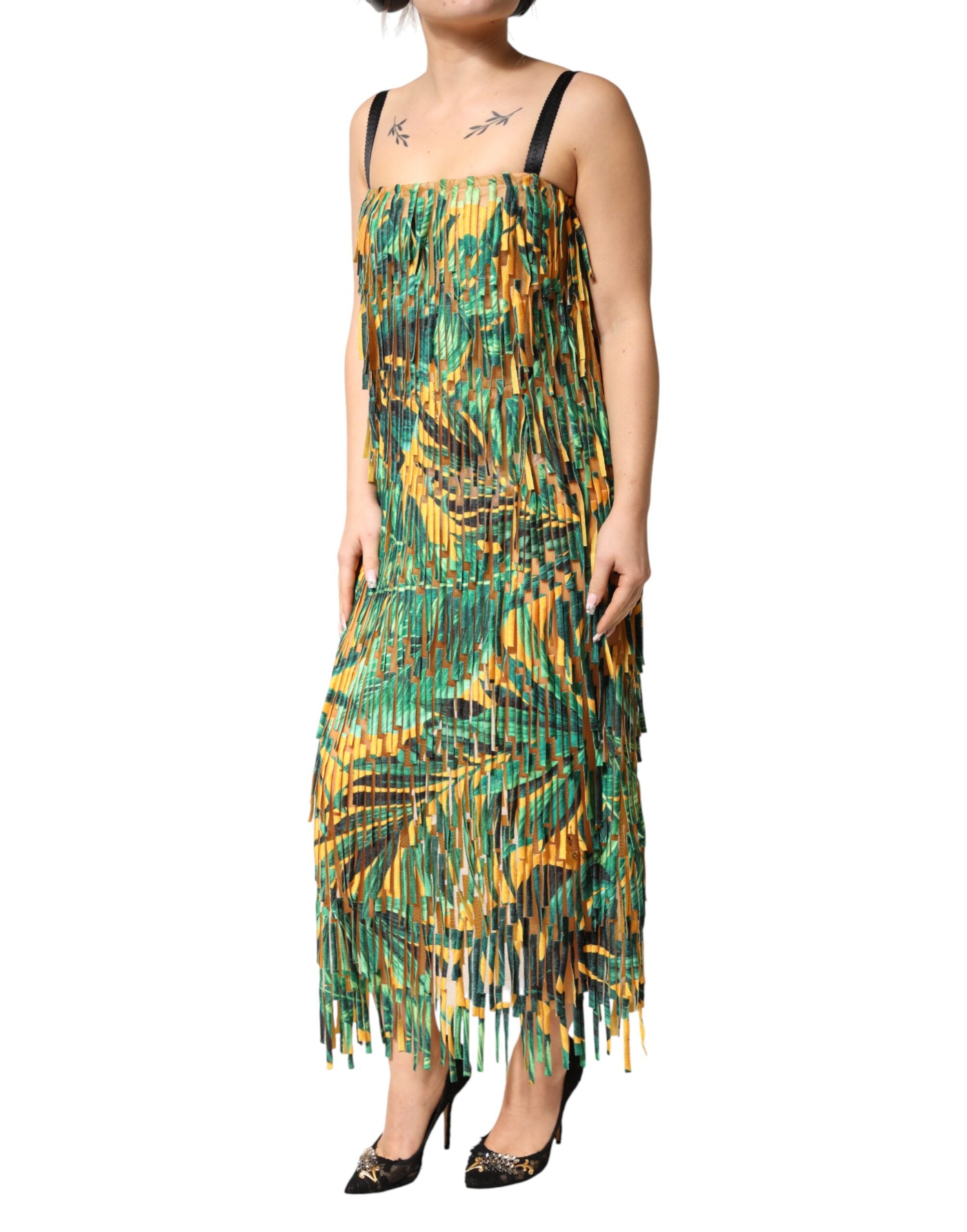 Dolce & Gabbana Maxikleid mit tropischem Print und Fransen in Multicolor