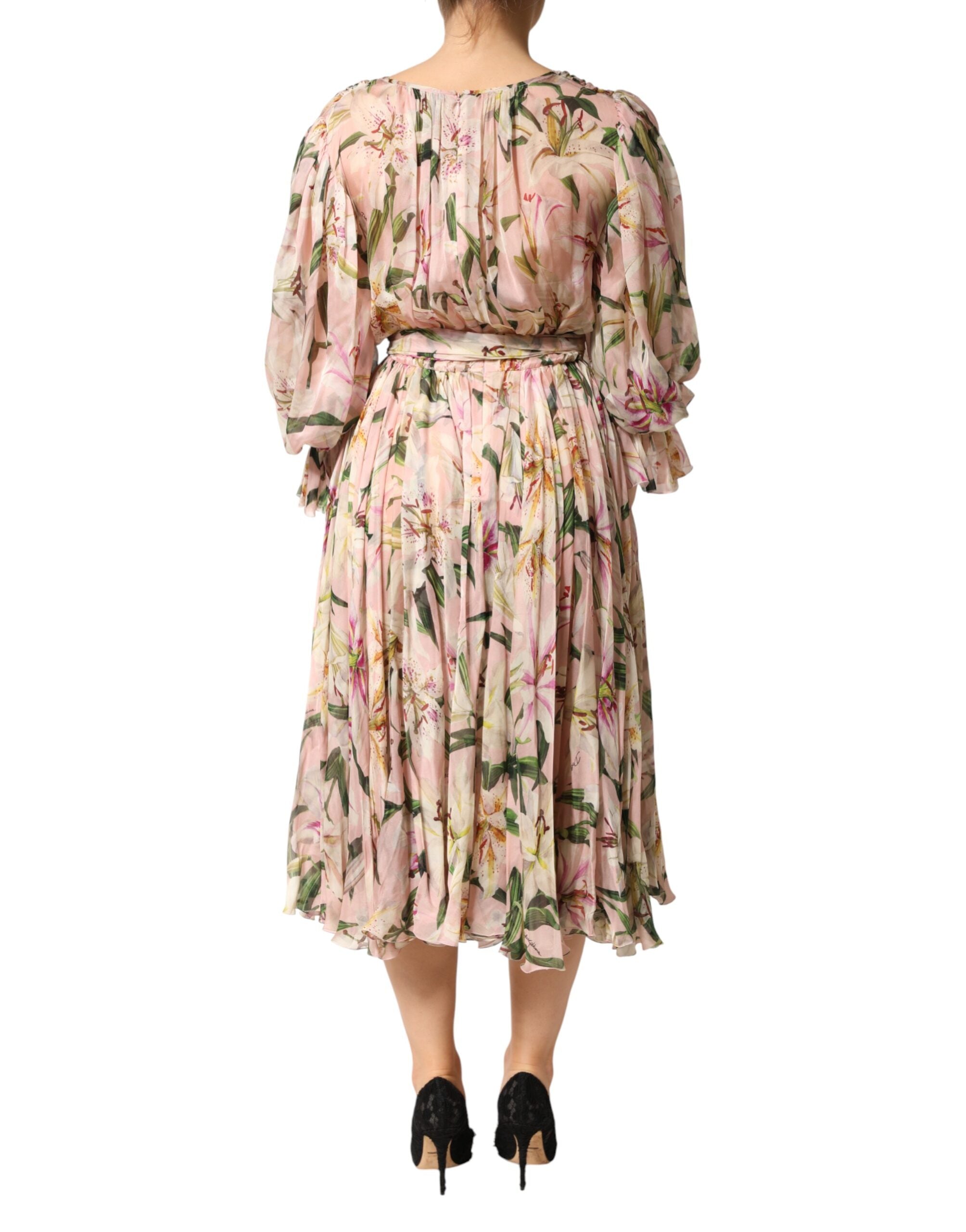 Dolce & Gabbana Maxikleid mit rosa Lilien-Print und Falten in A-Linie