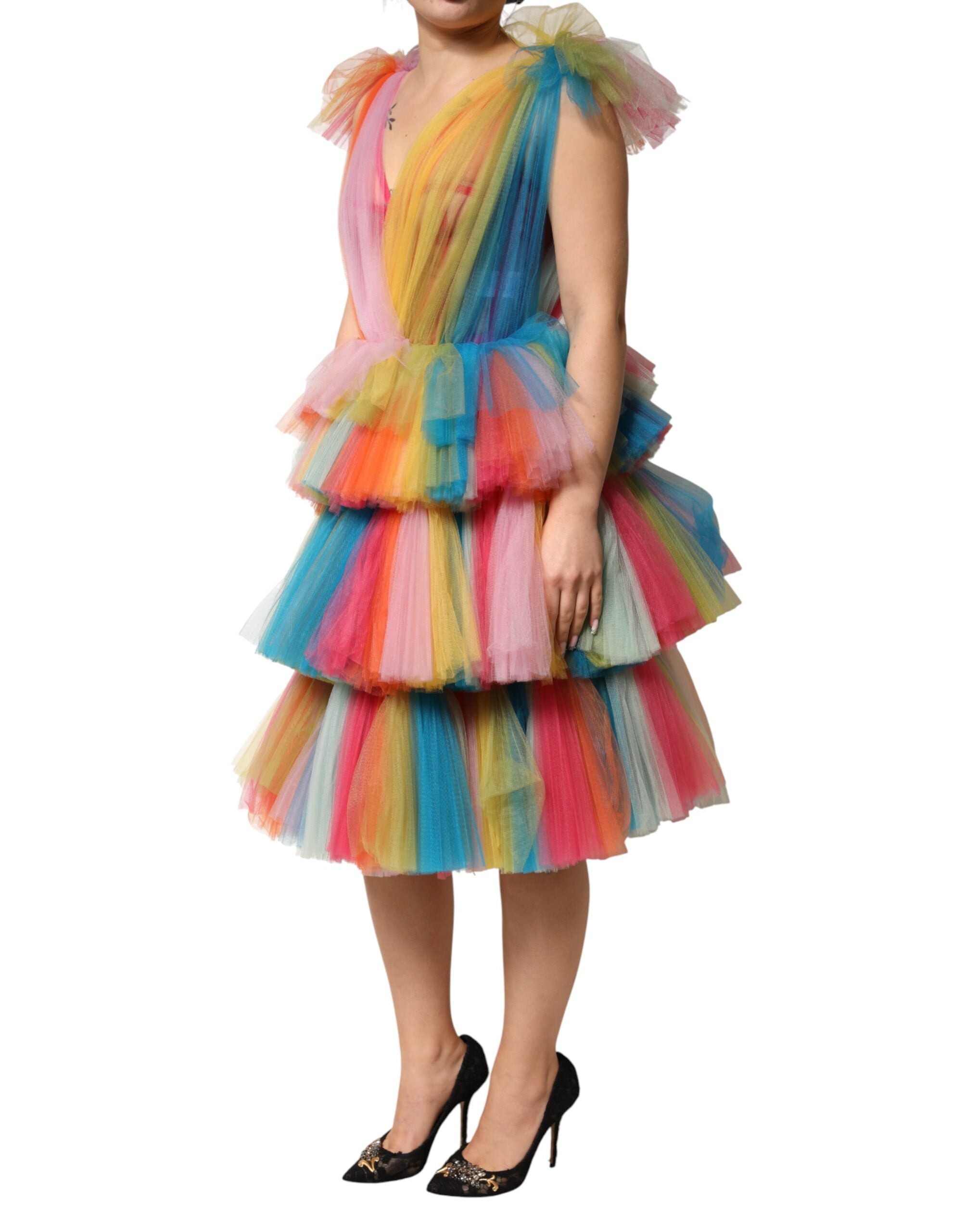 Dolce & Gabbana Mehrfarbiges Midikleid aus Nylon-Tüll mit Volants