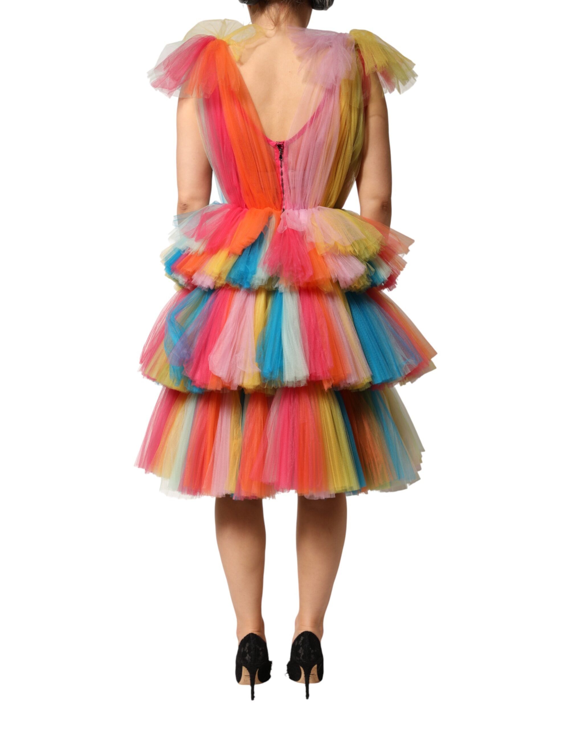 Dolce & Gabbana Mehrfarbiges Midikleid aus Nylon-Tüll mit Volants