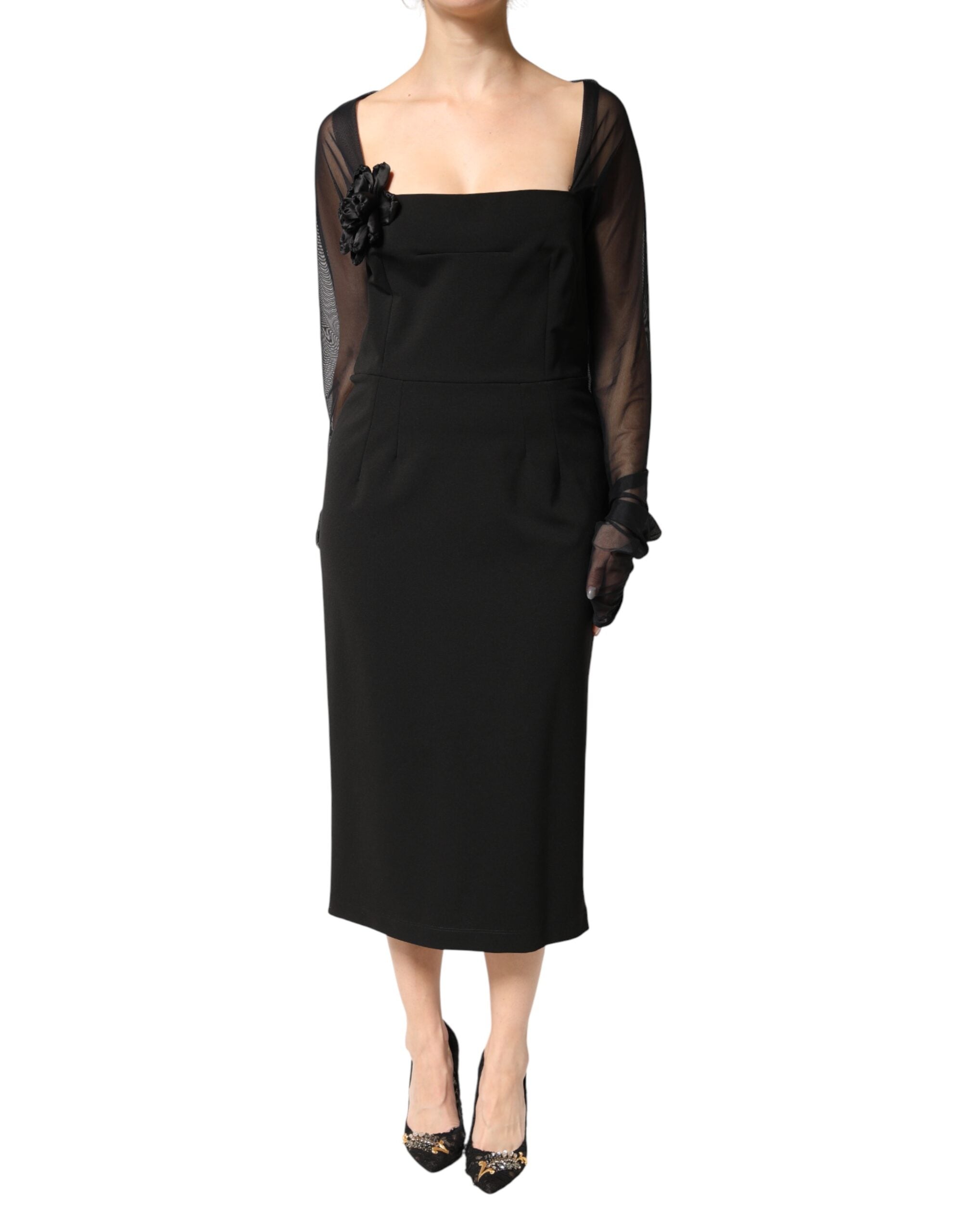 Dolce & Gabbana Schwarzes Etuikleid in Midi-Länge mit transparentem Einsatz und Rosetten-Applikation