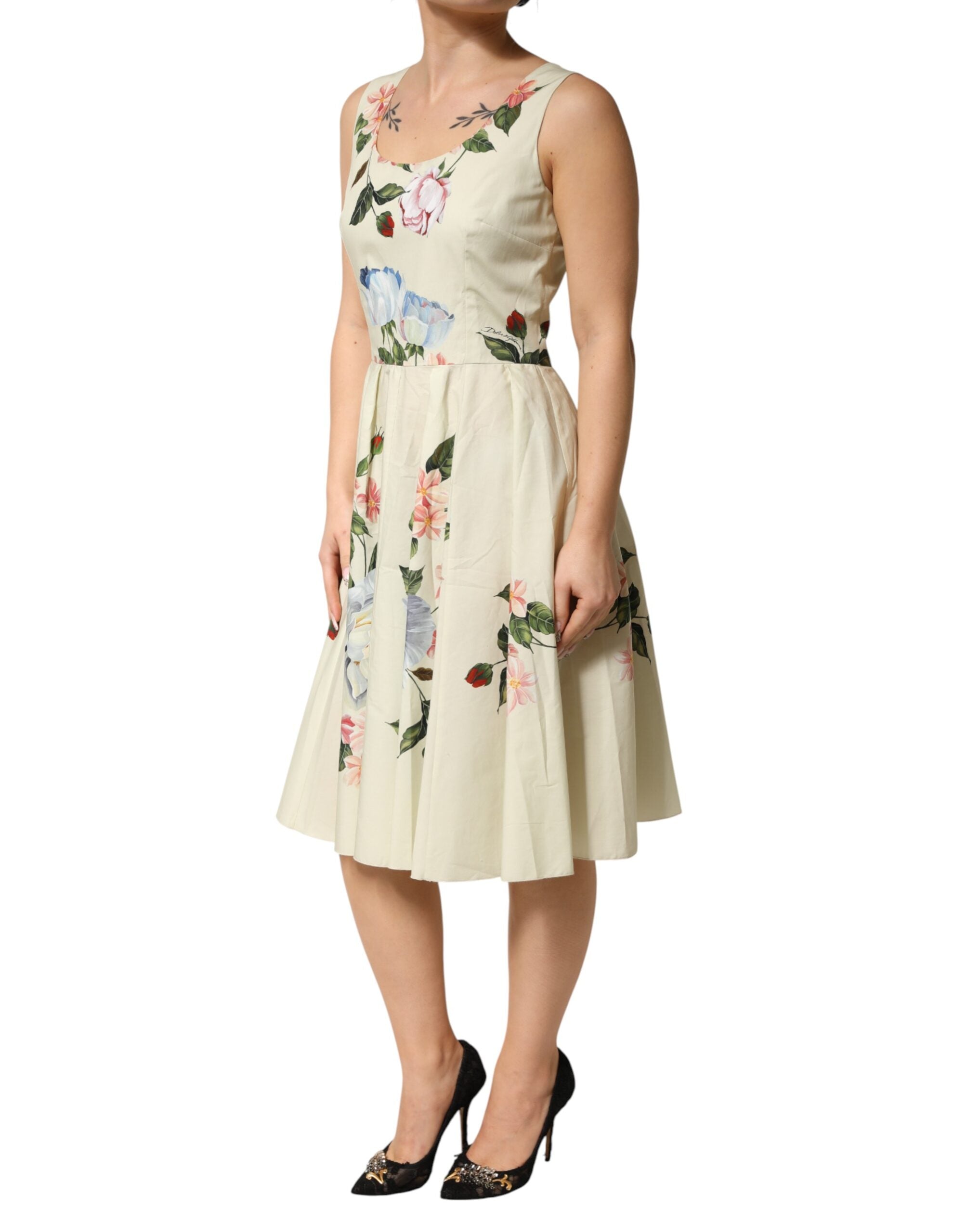 Dolce & Gabbana Ärmelloses A-Linien-Kleid in Beige mit Blumenprint