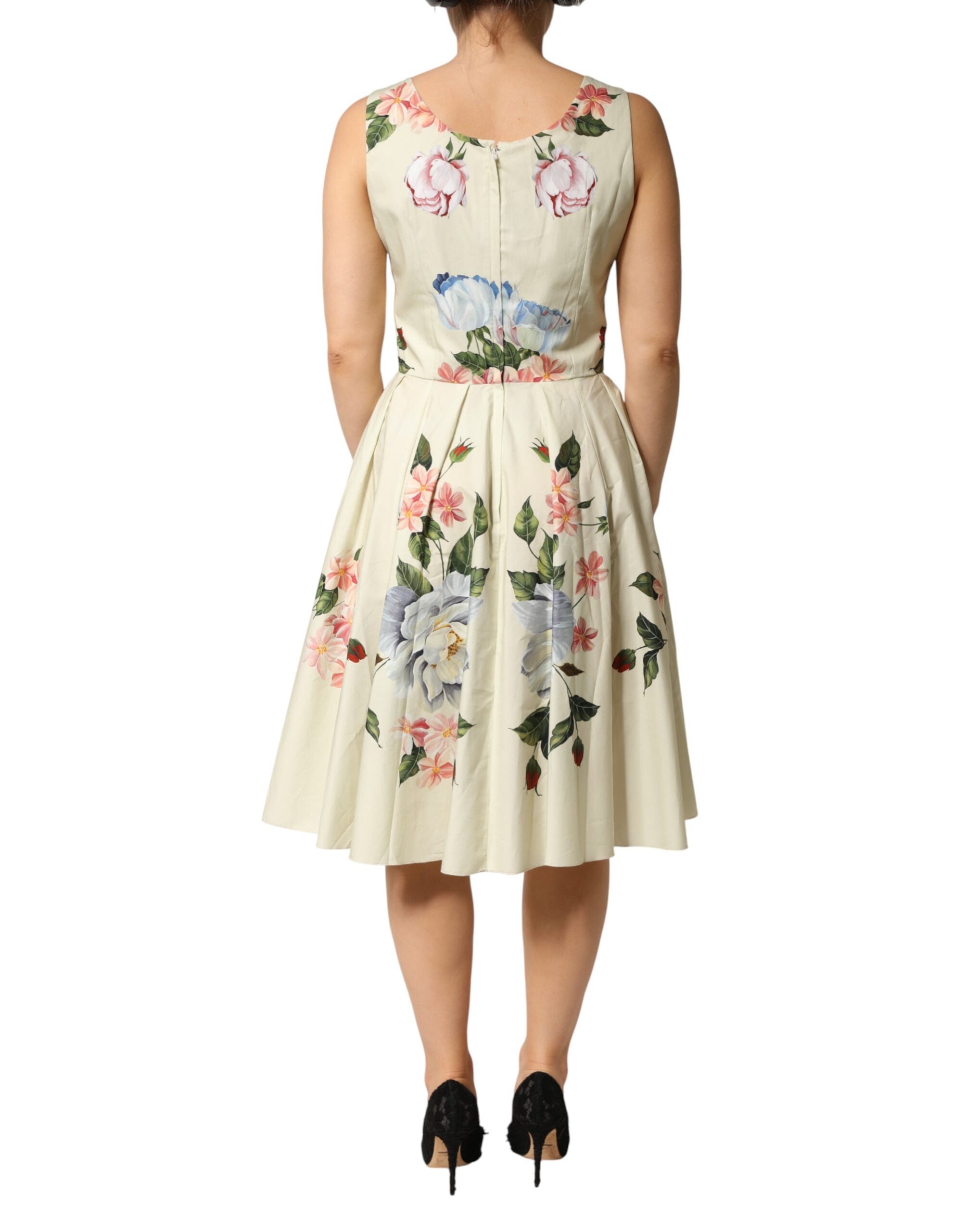 Dolce & Gabbana Ärmelloses A-Linien-Kleid in Beige mit Blumenprint
