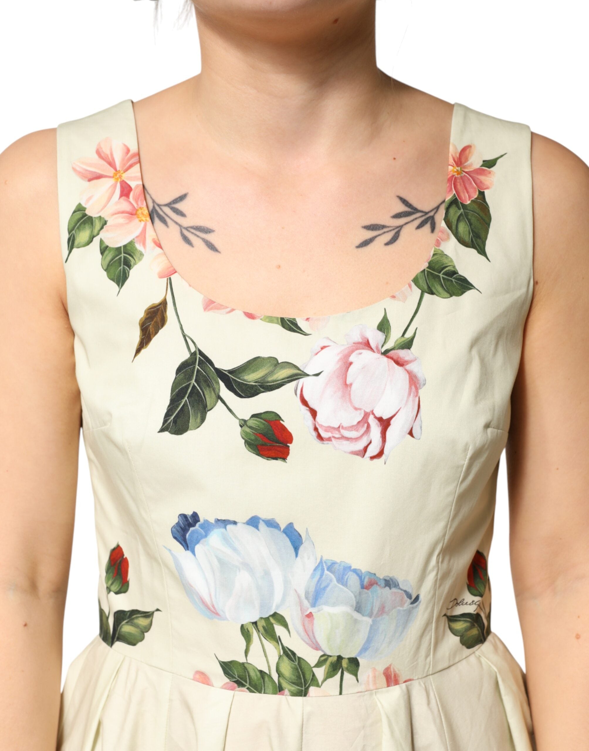 Dolce & Gabbana Ärmelloses A-Linien-Kleid in Beige mit Blumenprint