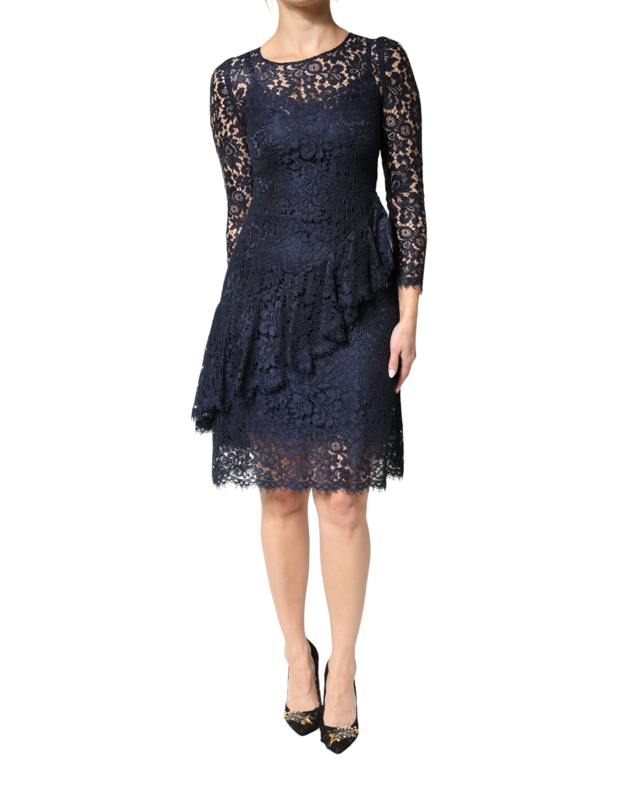 Dolce & Gabbana Blaues Spitzenkleid mit Rüschen in A-Linie, knielang