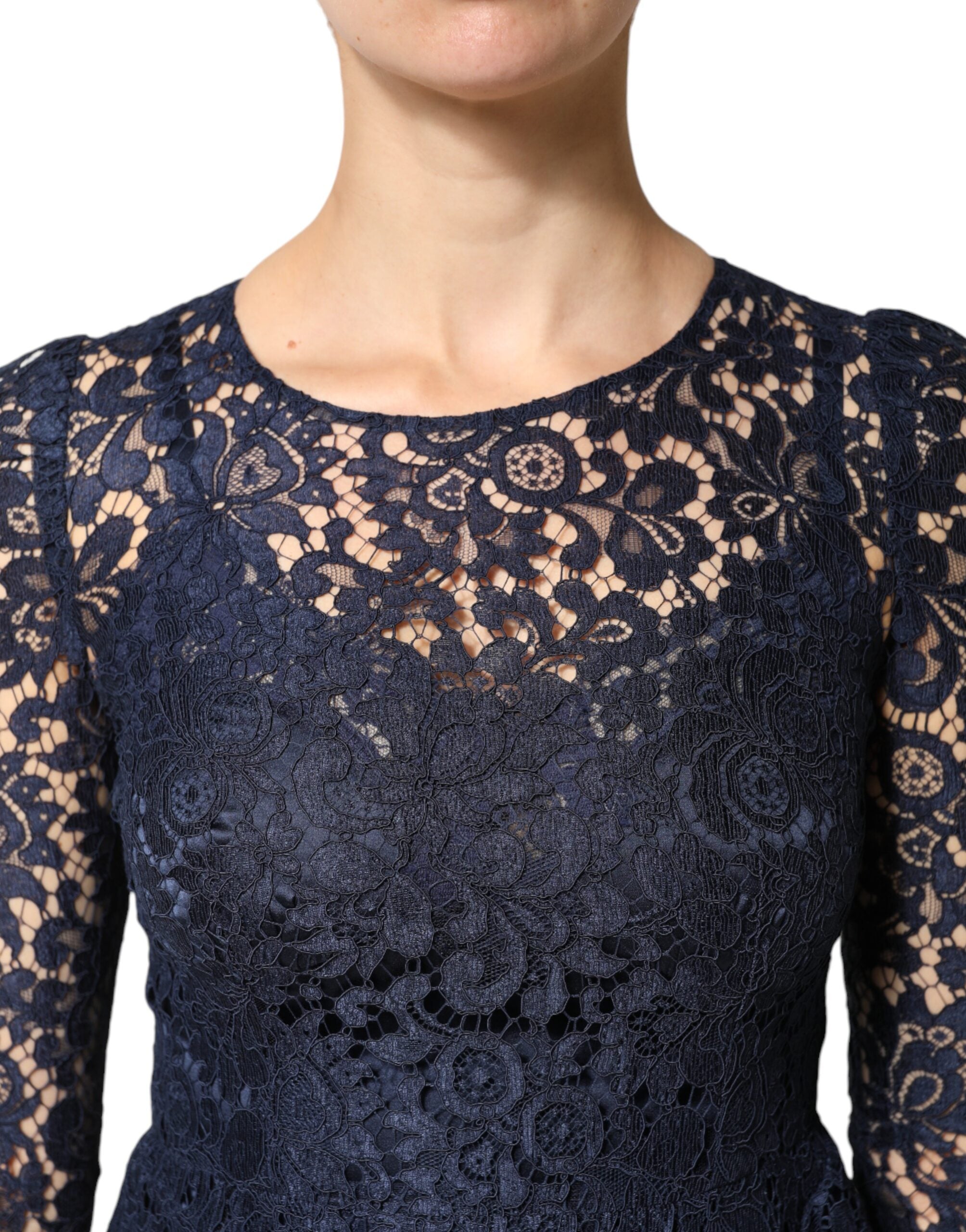 Dolce & Gabbana Blaues Spitzenkleid mit Rüschen in A-Linie, knielang