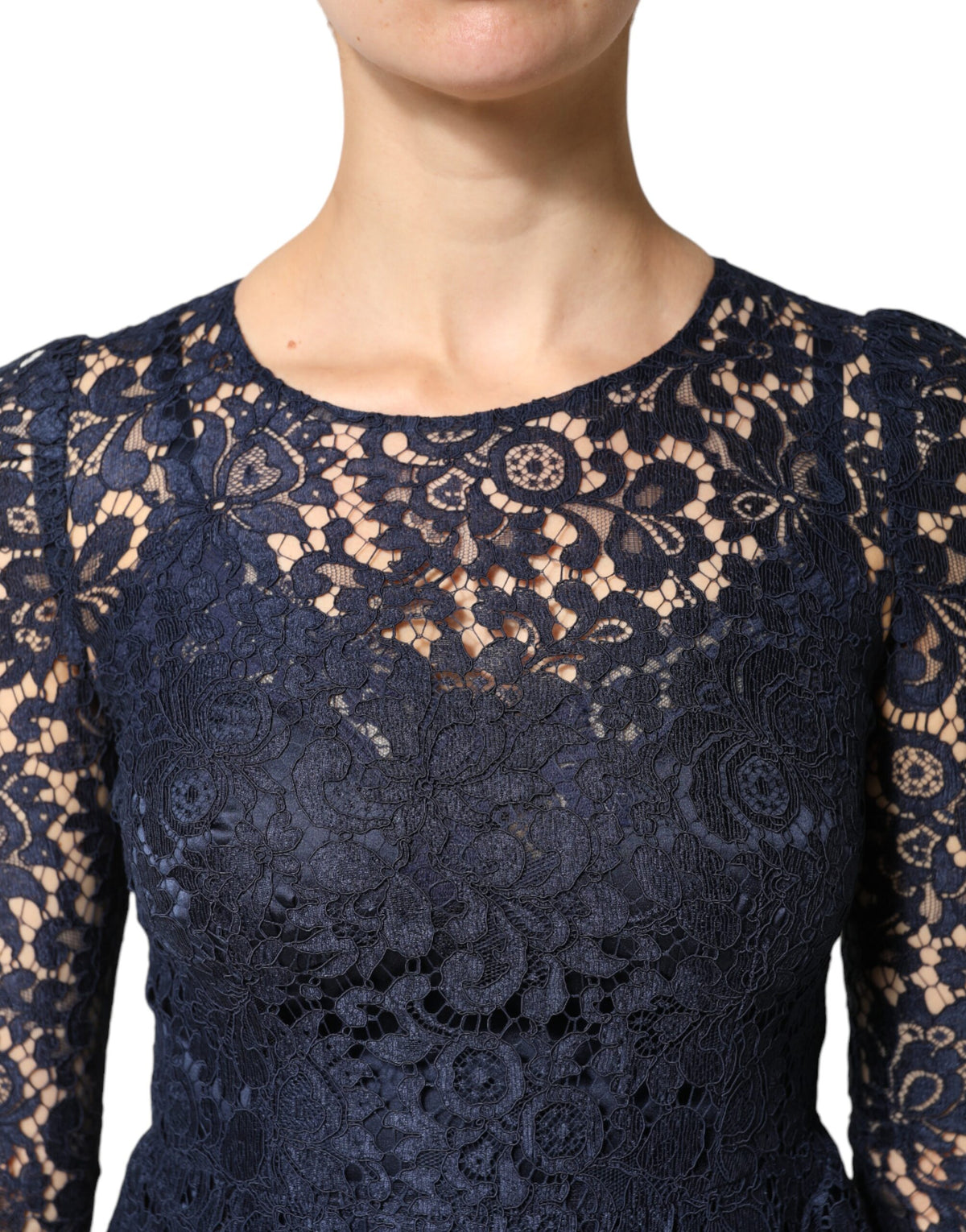 Dolce & Gabbana Blaues Spitzenkleid mit Rüschen in A-Linie, knielang