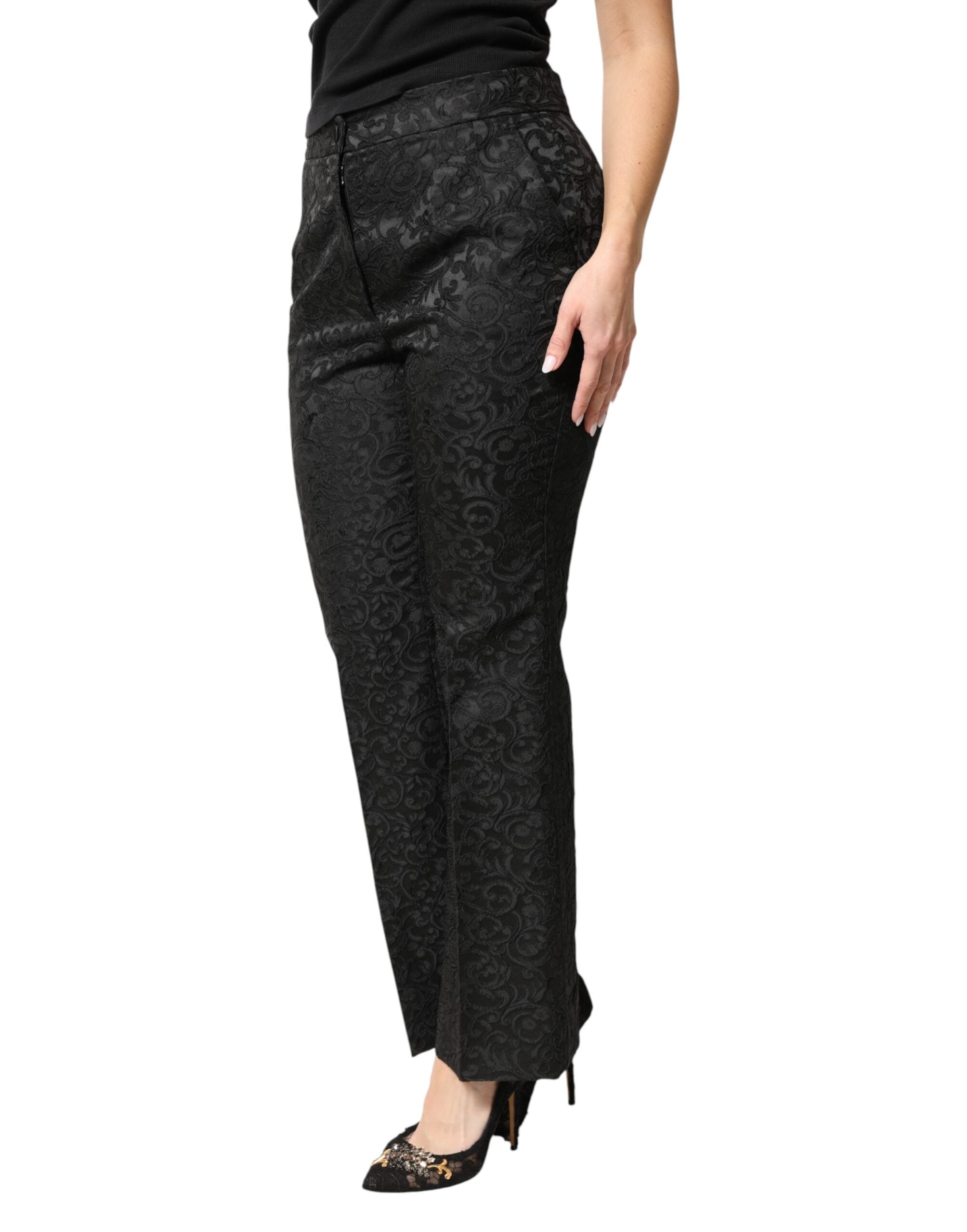 Dolce & Gabbana Schwarze Hose aus floralem Brokat mit hoher Taille