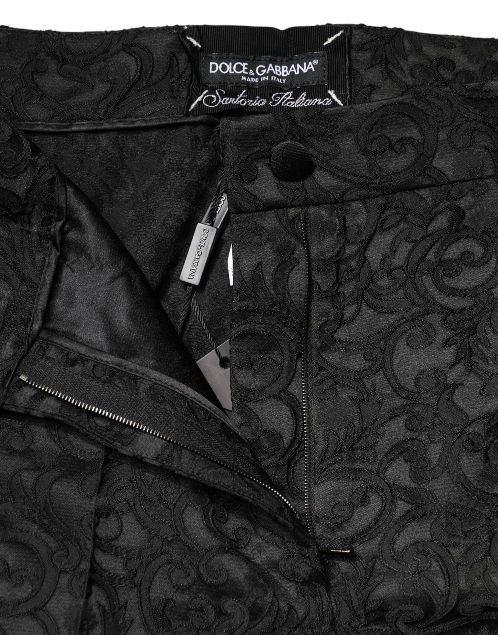 Dolce & Gabbana Schwarze Hose aus floralem Brokat mit hoher Taille