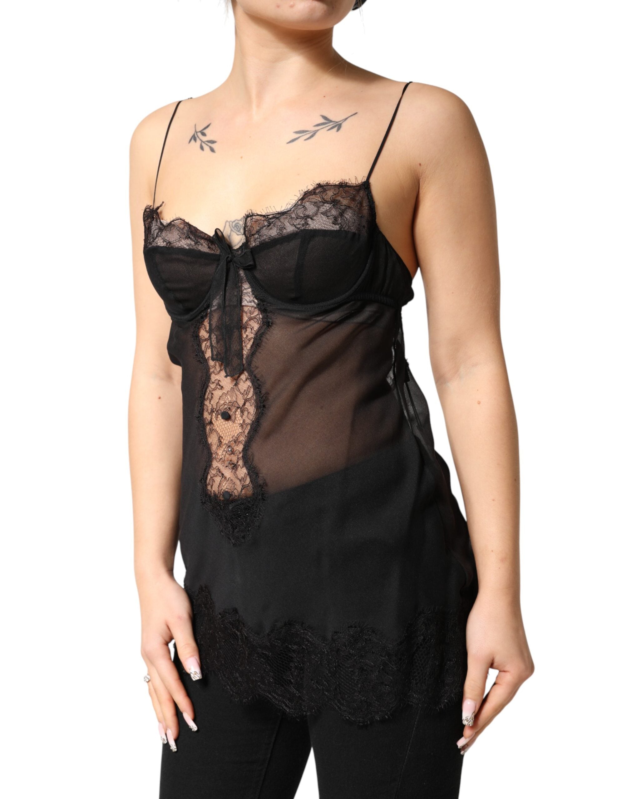 Dolce & Gabbana Schwarzes Seiden-Chemise mit floraler Spitze