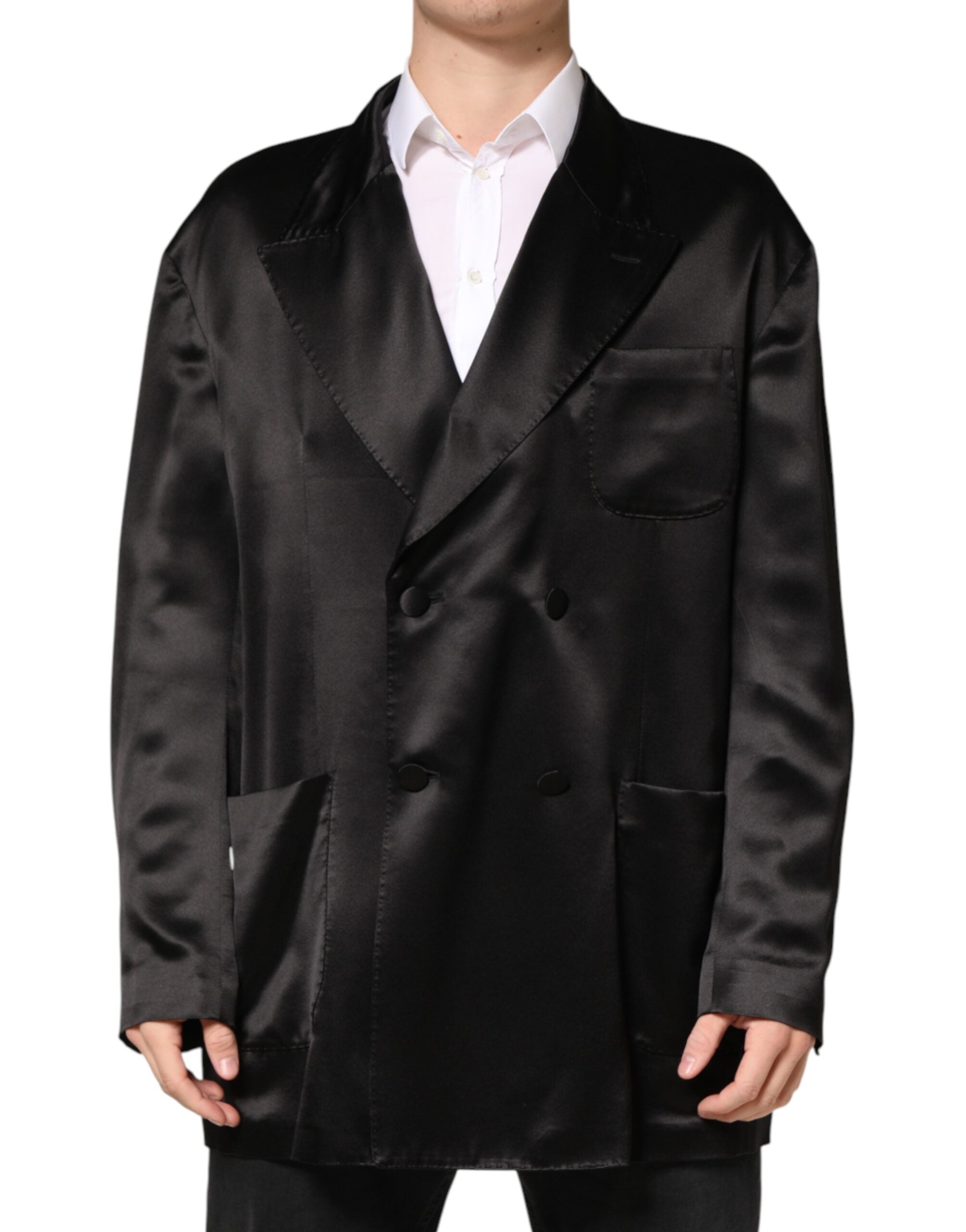 Dolce & Gabbana Schwarzer Seiden-Zweireiher-Blazer mit 2 Knöpfen