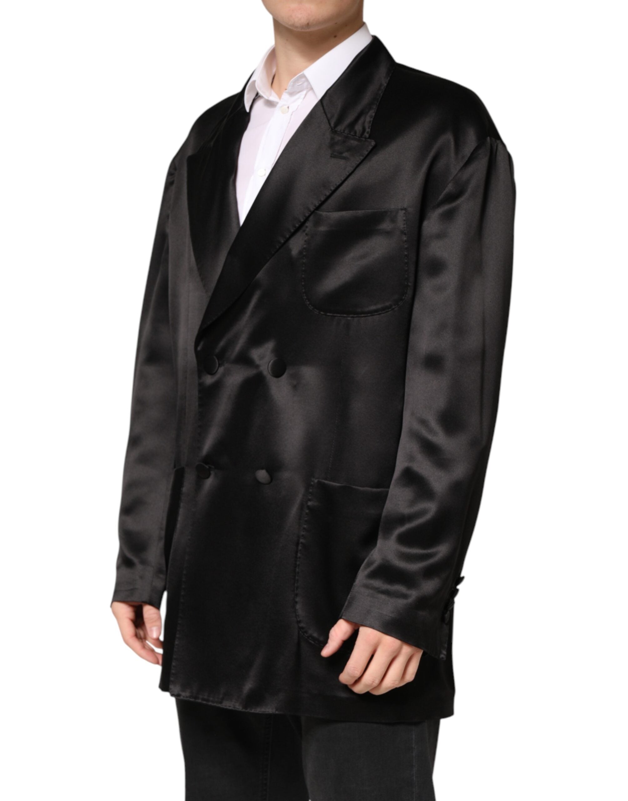 Dolce & Gabbana Schwarzer Seiden-Zweireiher-Blazer mit 2 Knöpfen