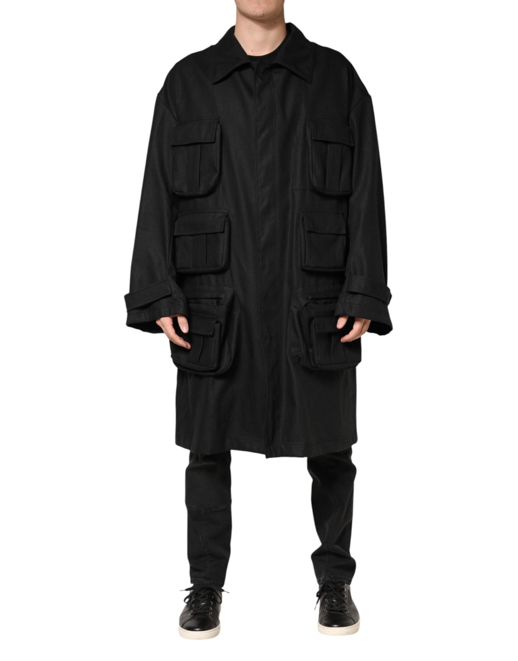 Dolce & Gabbana Schwarzer Trenchcoat mit Taschen und Kragen