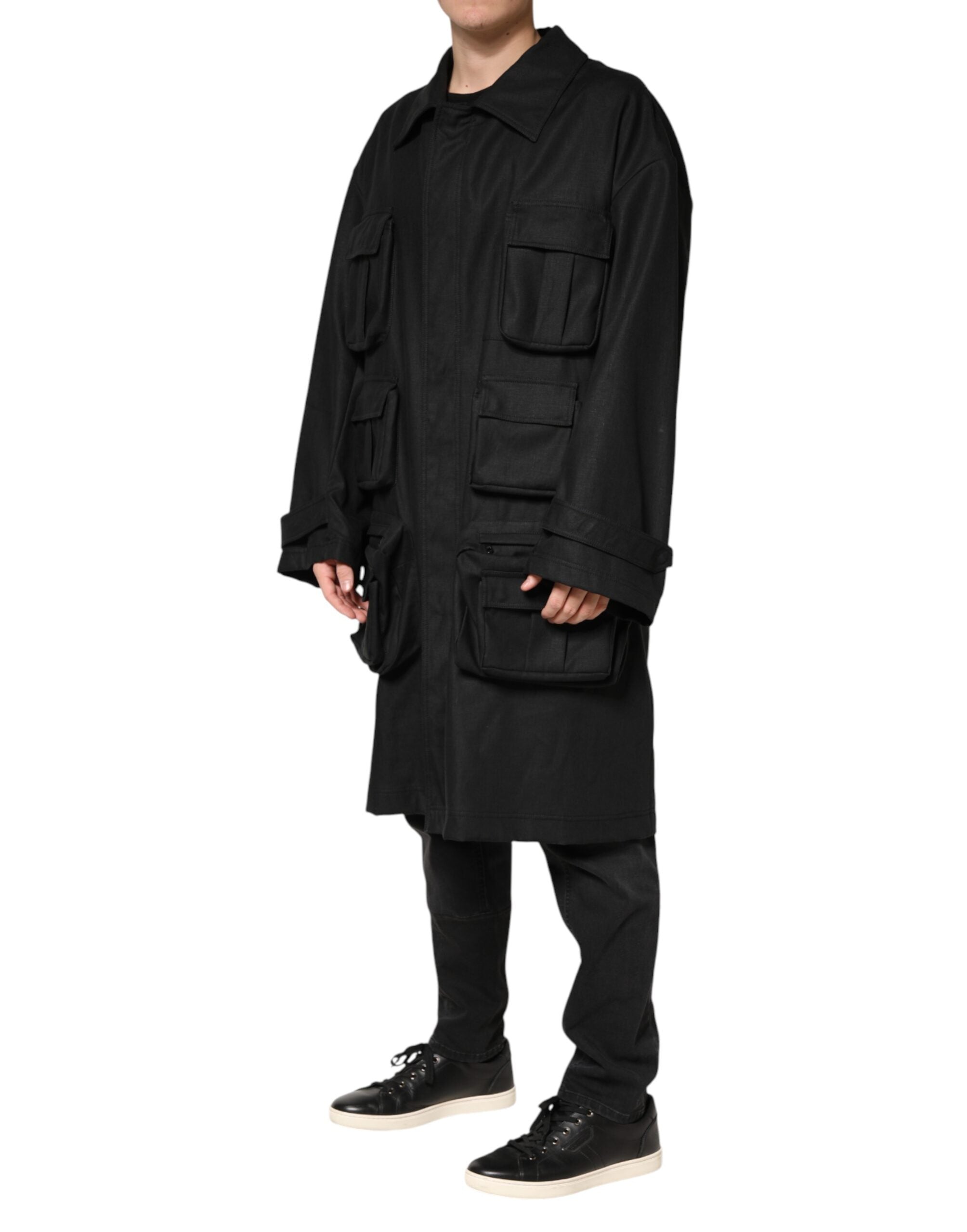 Dolce & Gabbana Schwarzer Trenchcoat mit Taschen und Kragen