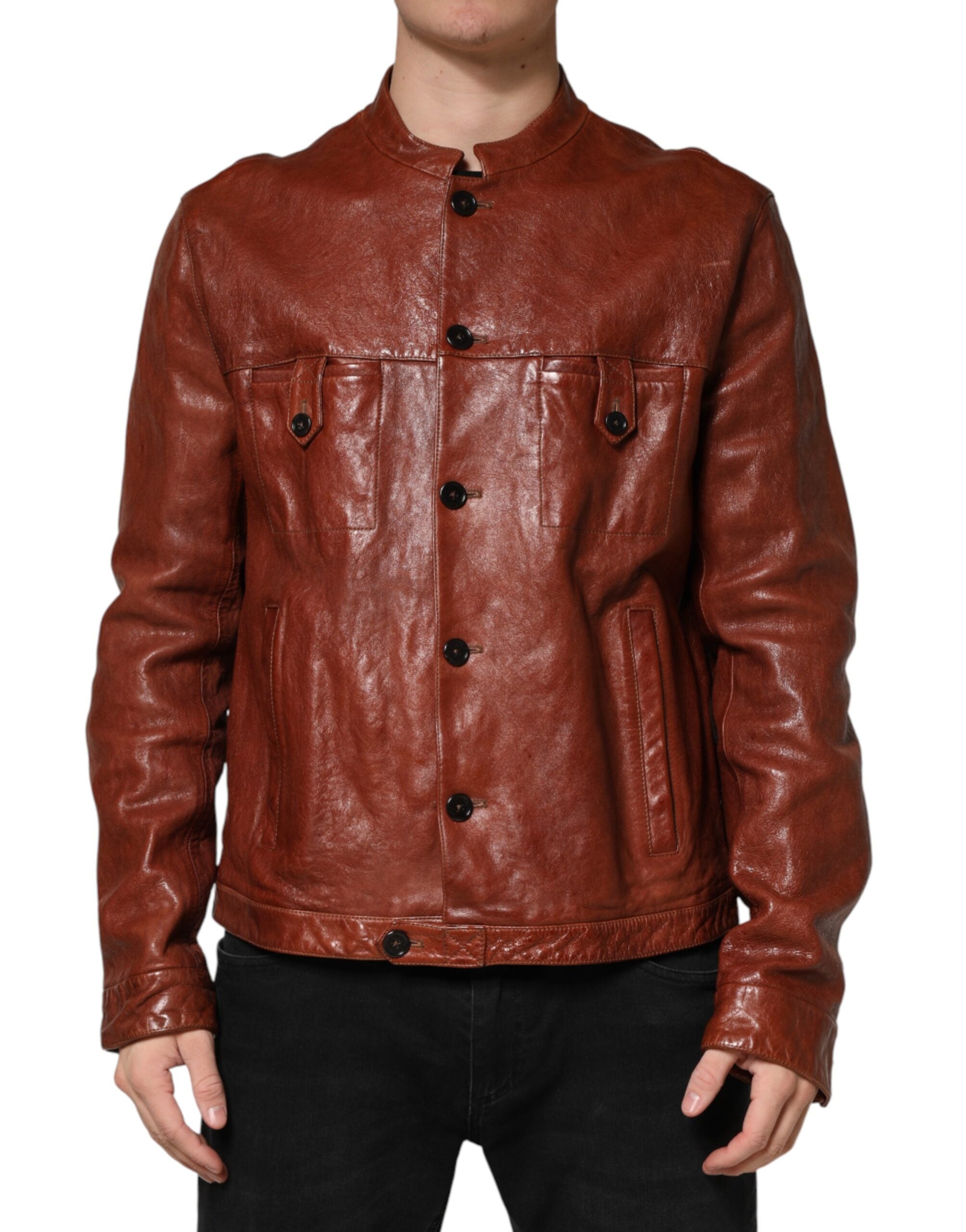 Dolce & Gabbana Braune Leder-Bikerjacke mit Knopfleiste für Herren