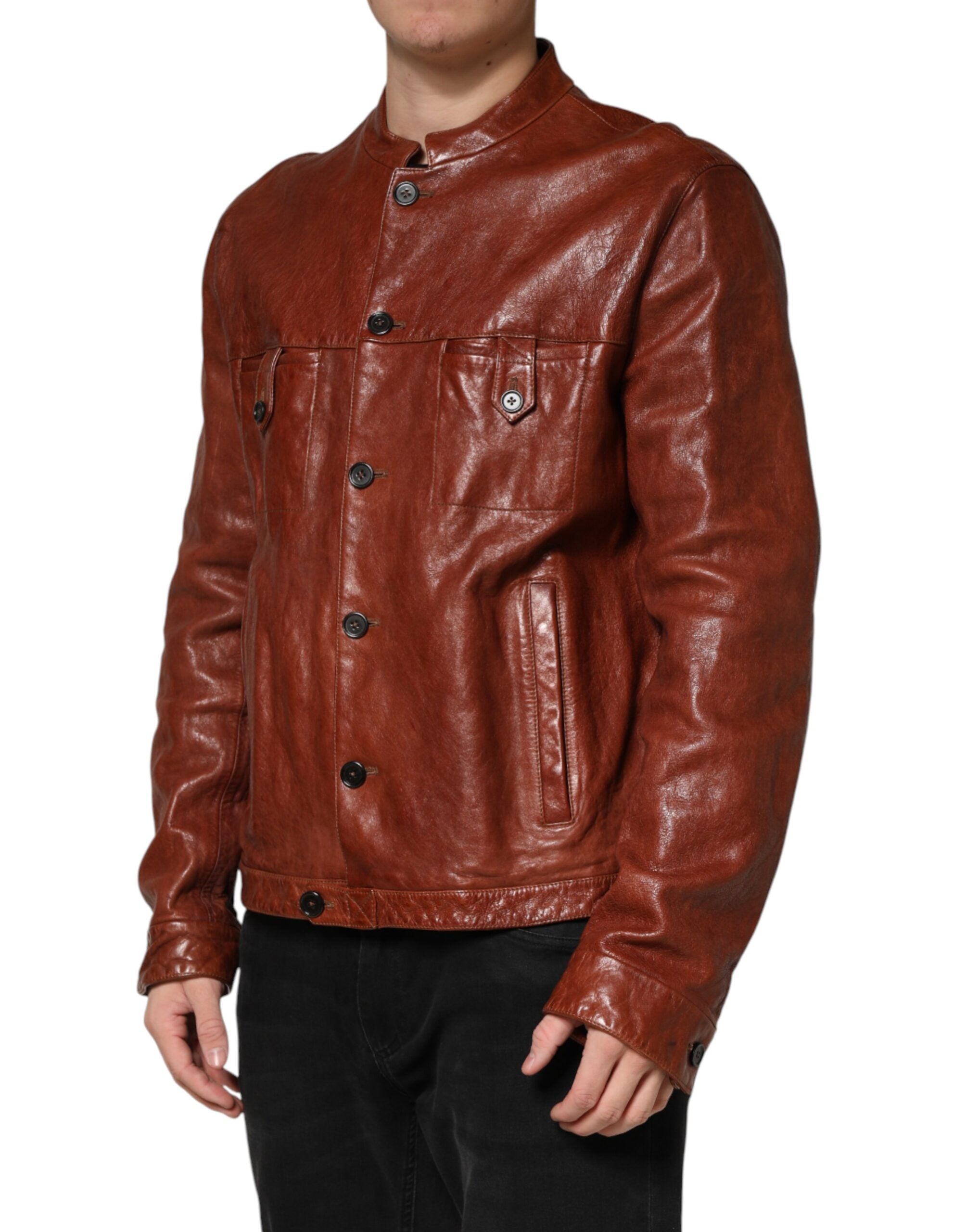 Dolce & Gabbana Braune Leder-Bikerjacke mit Knopfleiste für Herren