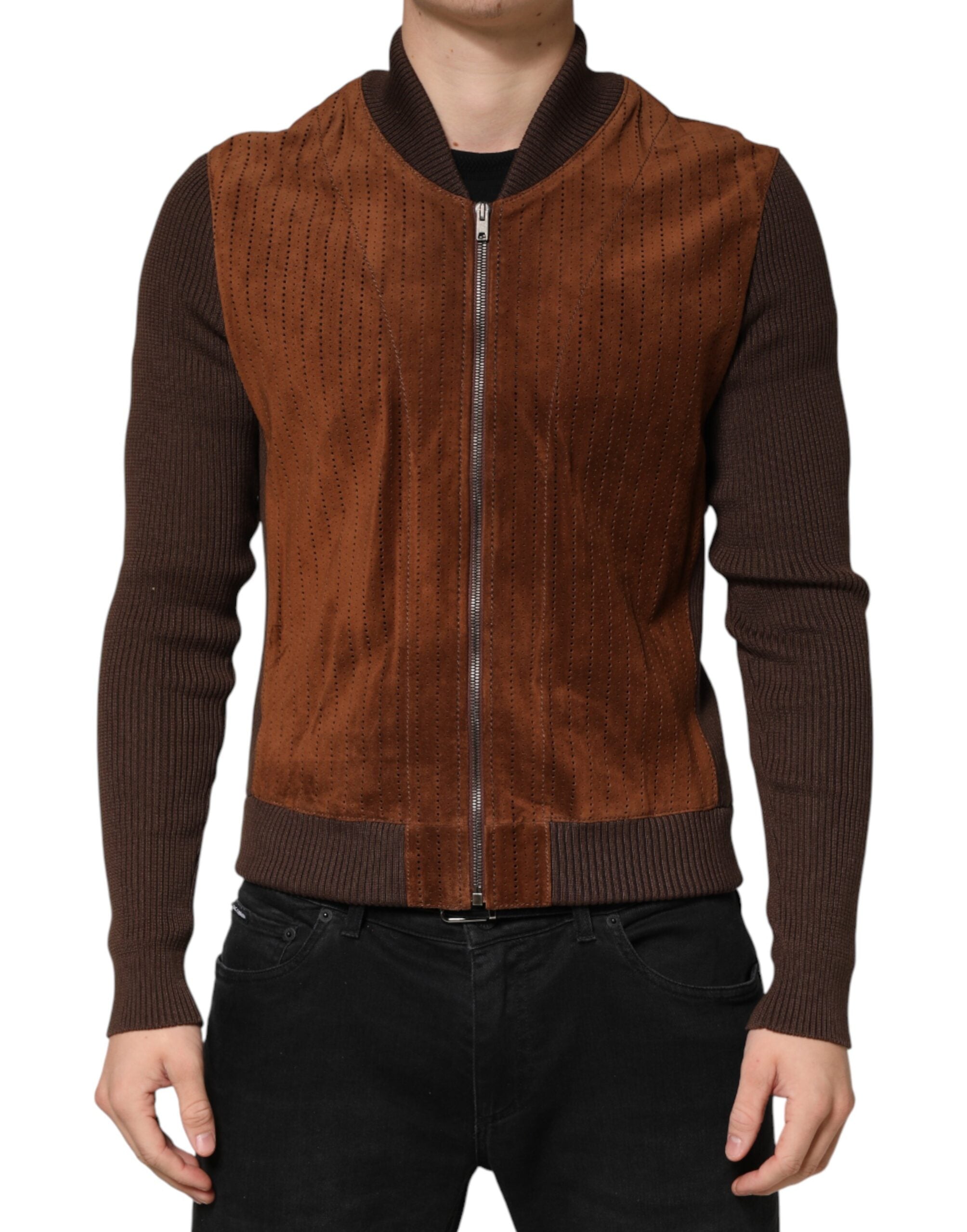 Dolce & Gabbana Braune Veloursleder-Kalbsleder-Bikerjacke mit durchgehendem Reißverschluss