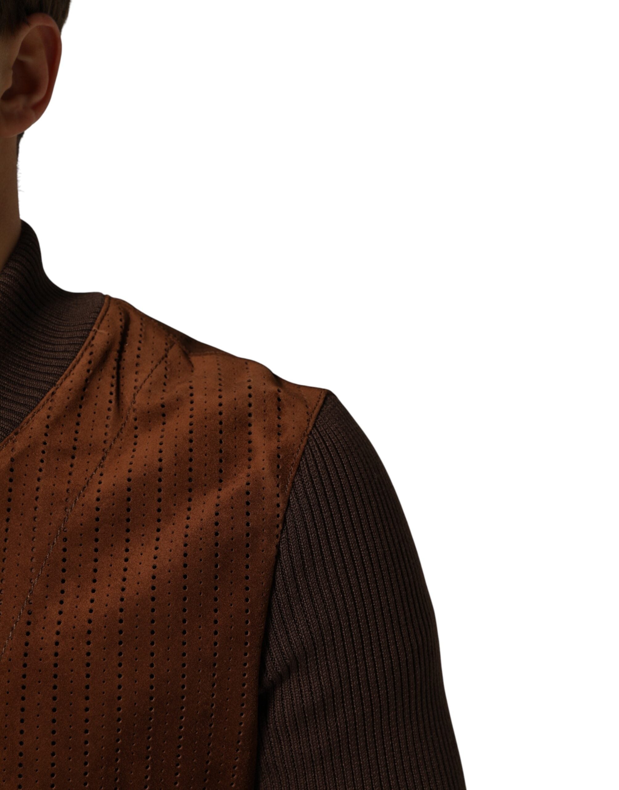 Dolce & Gabbana Braune Veloursleder-Kalbsleder-Bikerjacke mit durchgehendem Reißverschluss